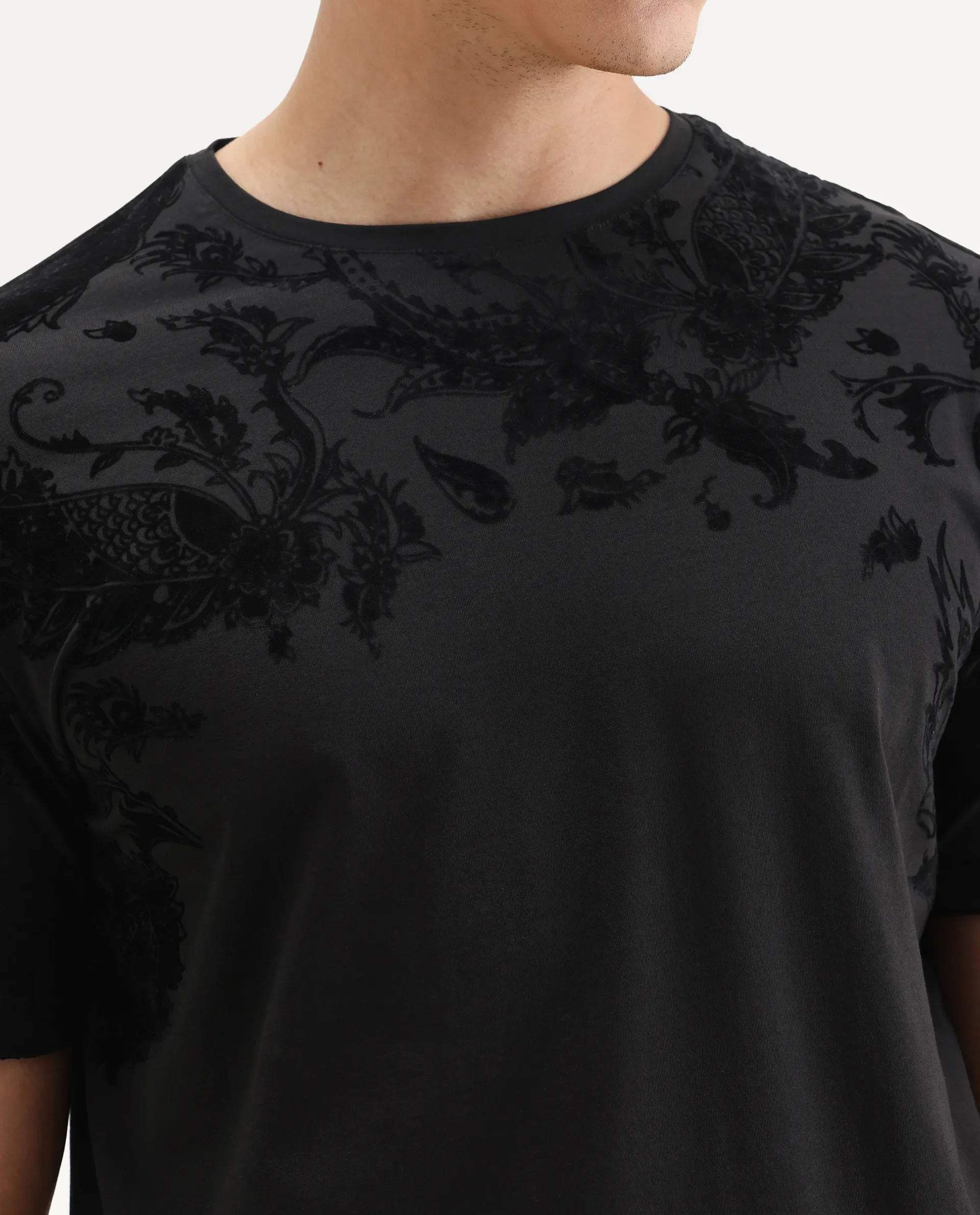 Rare Rabbit Men's Ferris-1 Black Cotton Blend Paisley Print Regular Fit Half Sleeve Crew Neck T-Shirt - Image 3