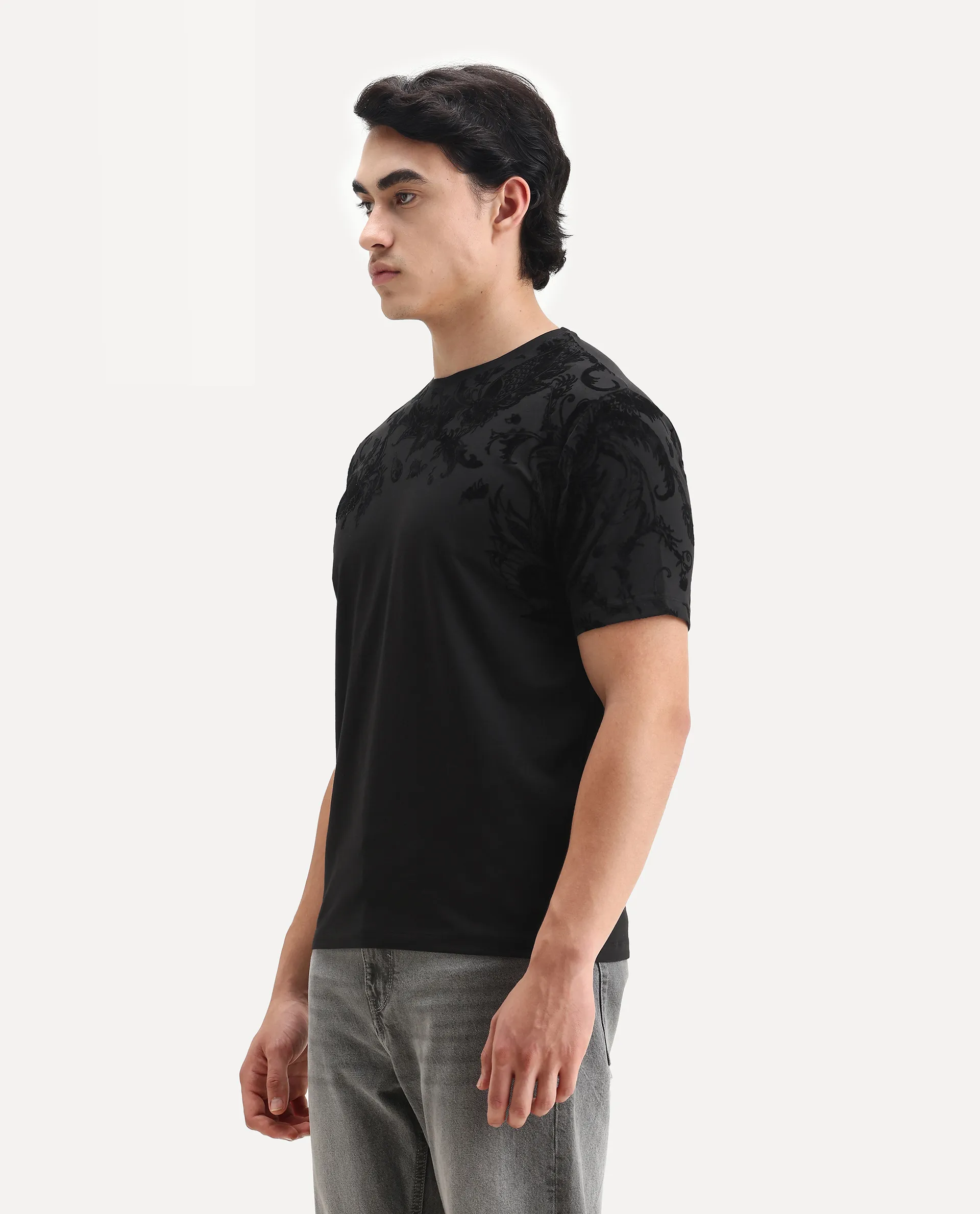 Rare Rabbit Men's Ferris-1 Black Cotton Blend Paisley Print Regular Fit Half Sleeve Crew Neck T-Shirt - Image 4