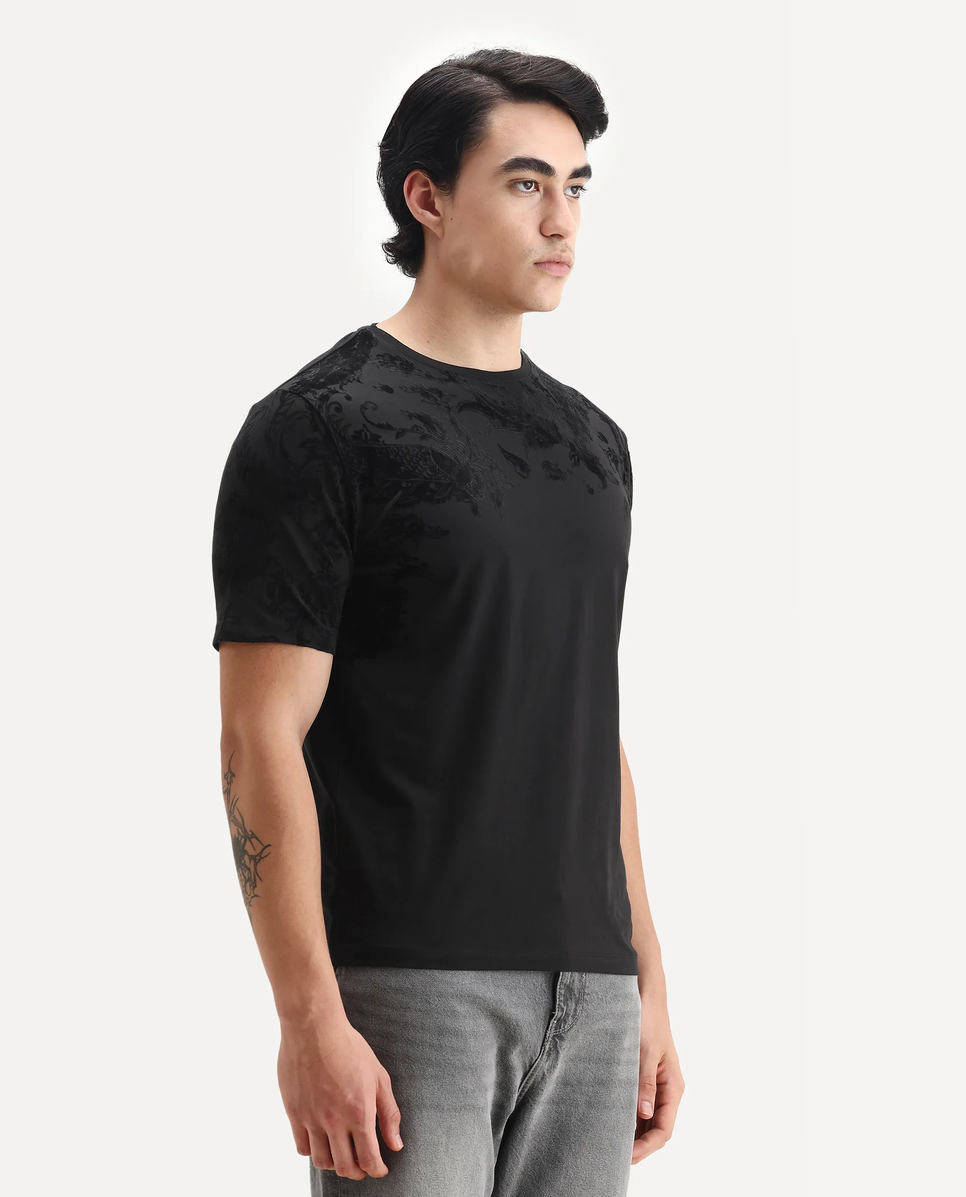 Rare Rabbit Men's Ferris-1 Black Cotton Blend Paisley Print Regular Fit Half Sleeve Crew Neck T-Shirt - Image 5