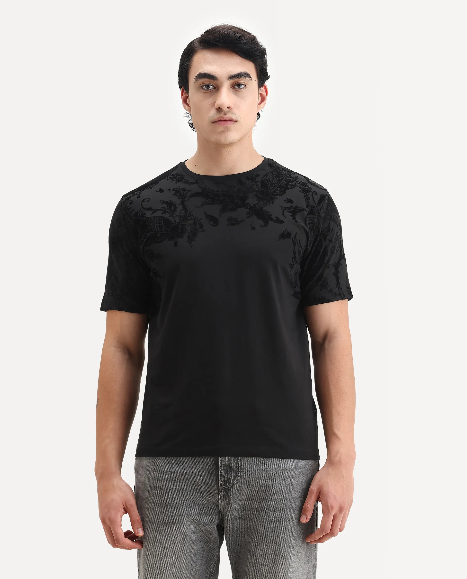 Rare Rabbit Men's Ferris-1 Black Cotton Blend Paisley Print Regular Fit Half Sleeve Crew Neck T-Shirt - Image 6