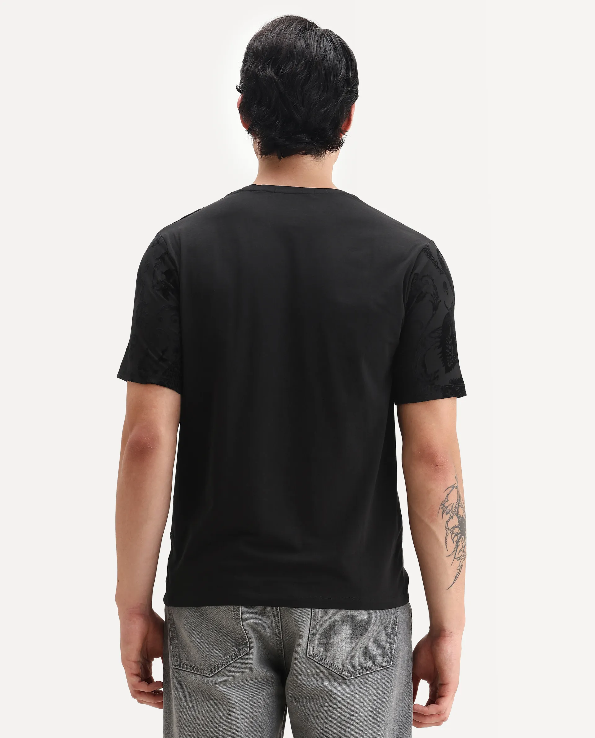 Rare Rabbit Men's Ferris-1 Black Cotton Blend Paisley Print Regular Fit Half Sleeve Crew Neck T-Shirt - Image 7