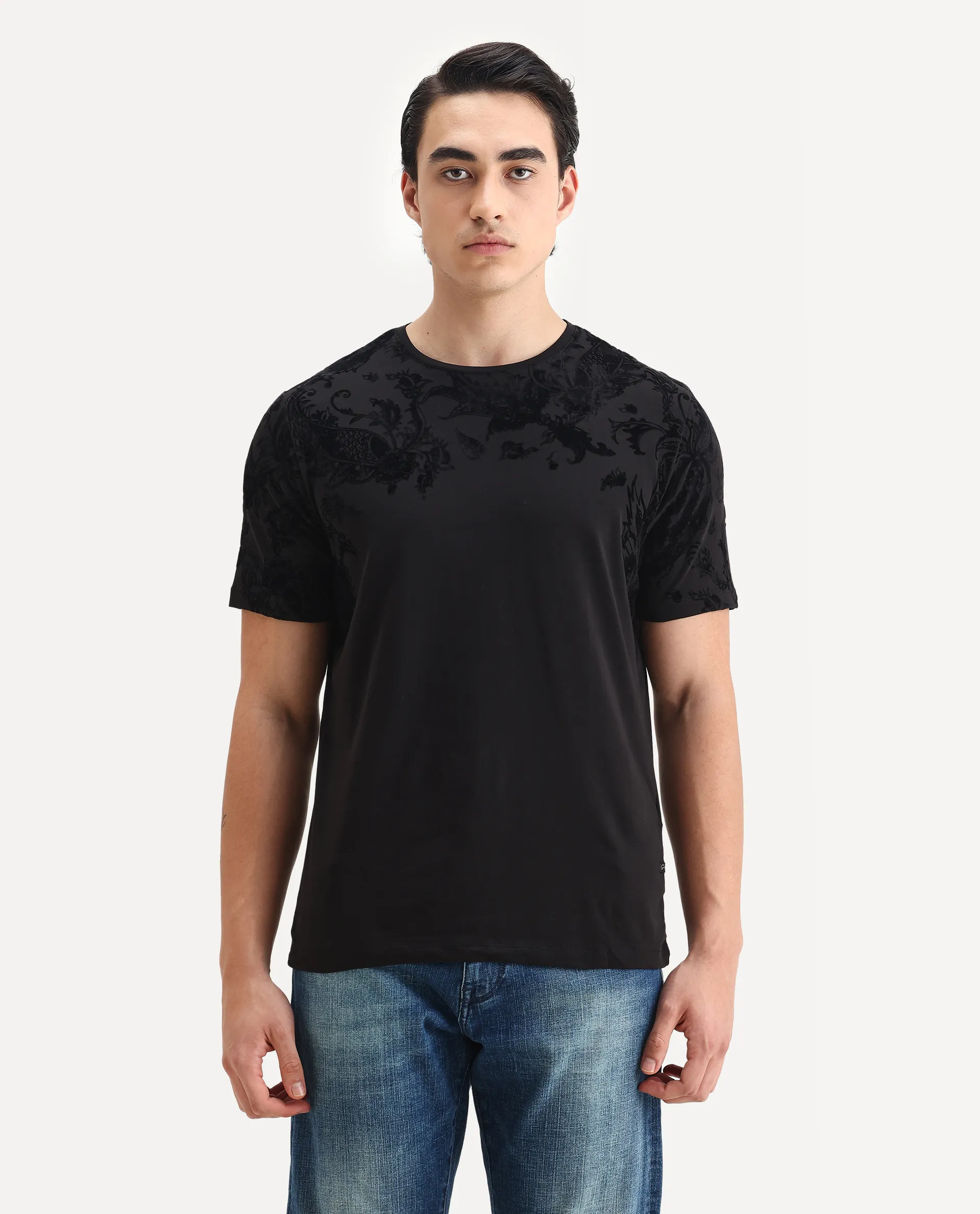 Rare Rabbit Men's Guild Statement Ferris Black Cotton Paisley Print Regular Fit Half Sleeve Crew Neck T-Shirt - Image 4