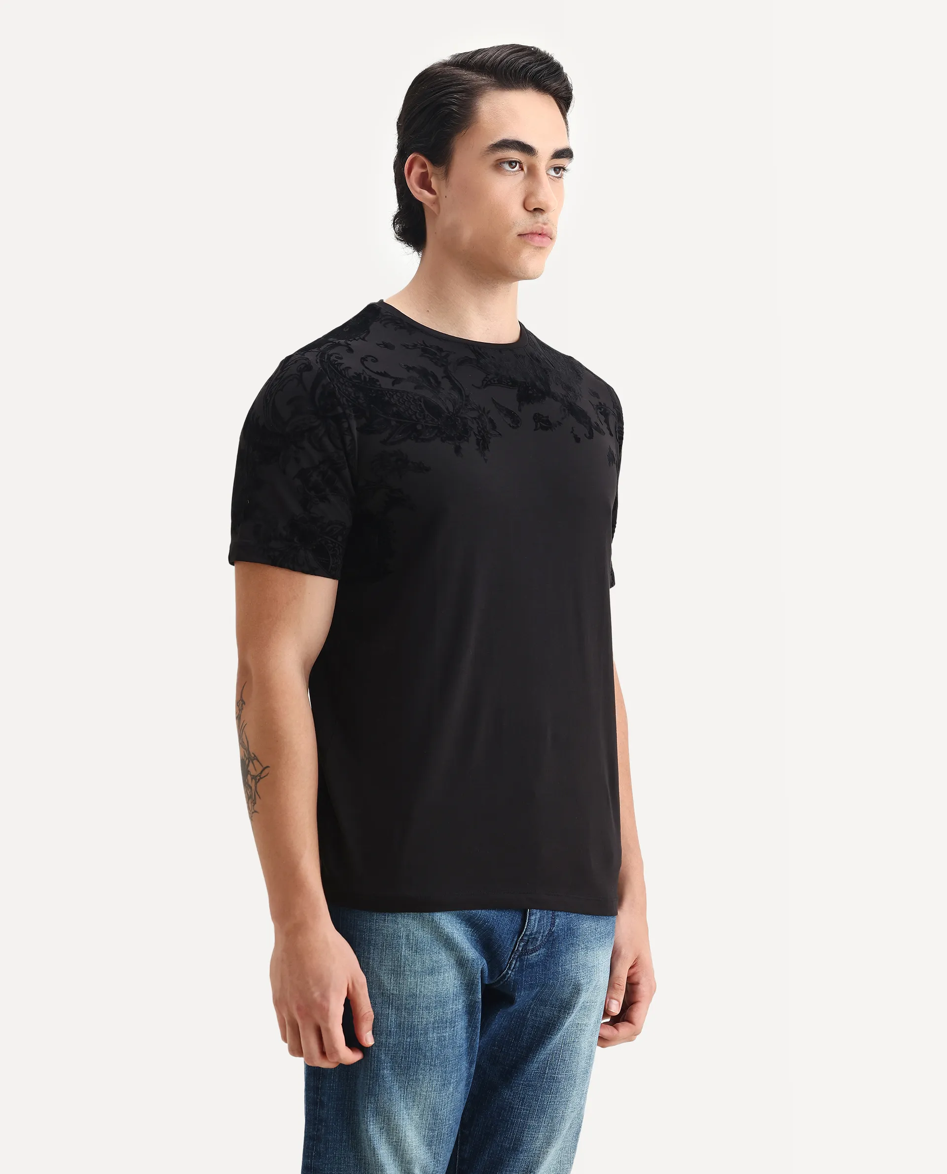 Rare Rabbit Men's Guild Statement Ferris Black Cotton Paisley Print Regular Fit Half Sleeve Crew Neck T-Shirt - Image 6