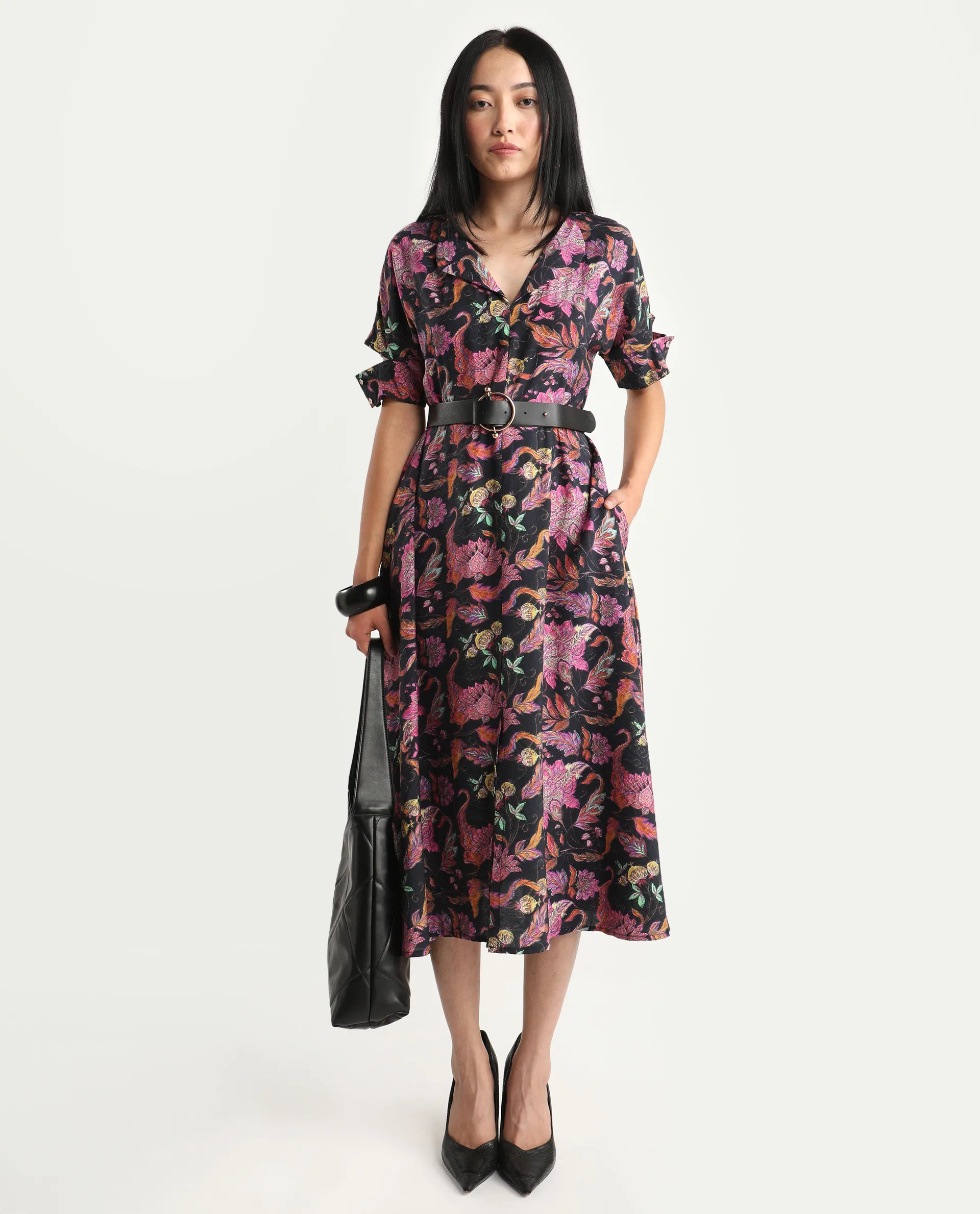 Rareism Women's Fertash Dark Multi Cotton Blend Drop Collar Abstract Print Cutout Sleeve Midi A-Line Dress