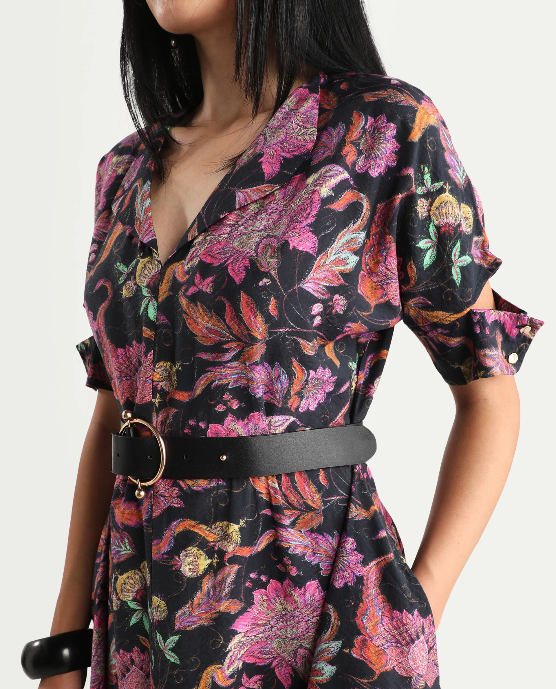 Rareism Women's Fertash Dark Multi Cotton Blend Drop Collar Abstract Print Cutout Sleeve Midi A-Line Dress - Image 2