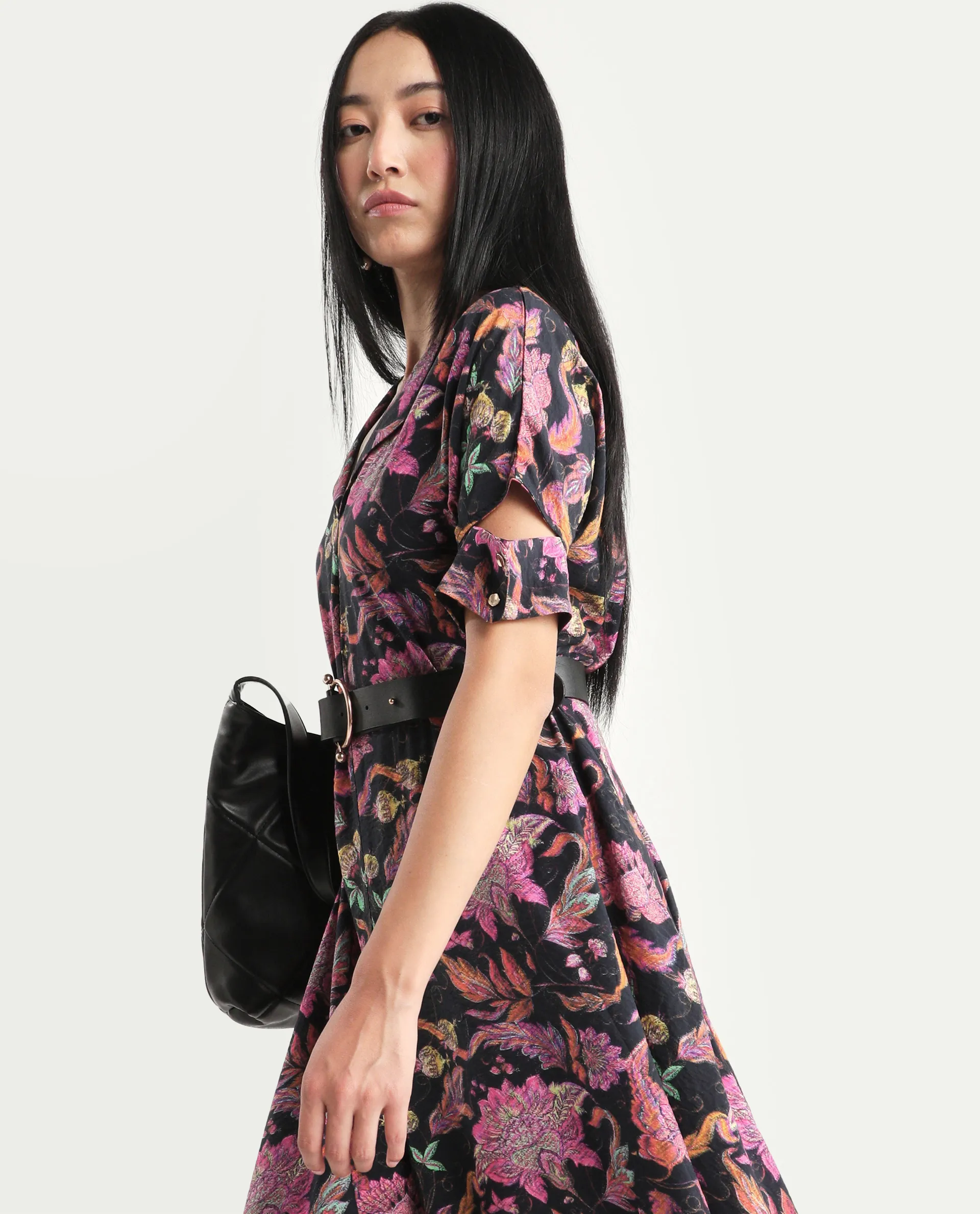 Rareism Women's Fertash Dark Multi Cotton Blend Drop Collar Abstract Print Cutout Sleeve Midi A-Line Dress - Image 3