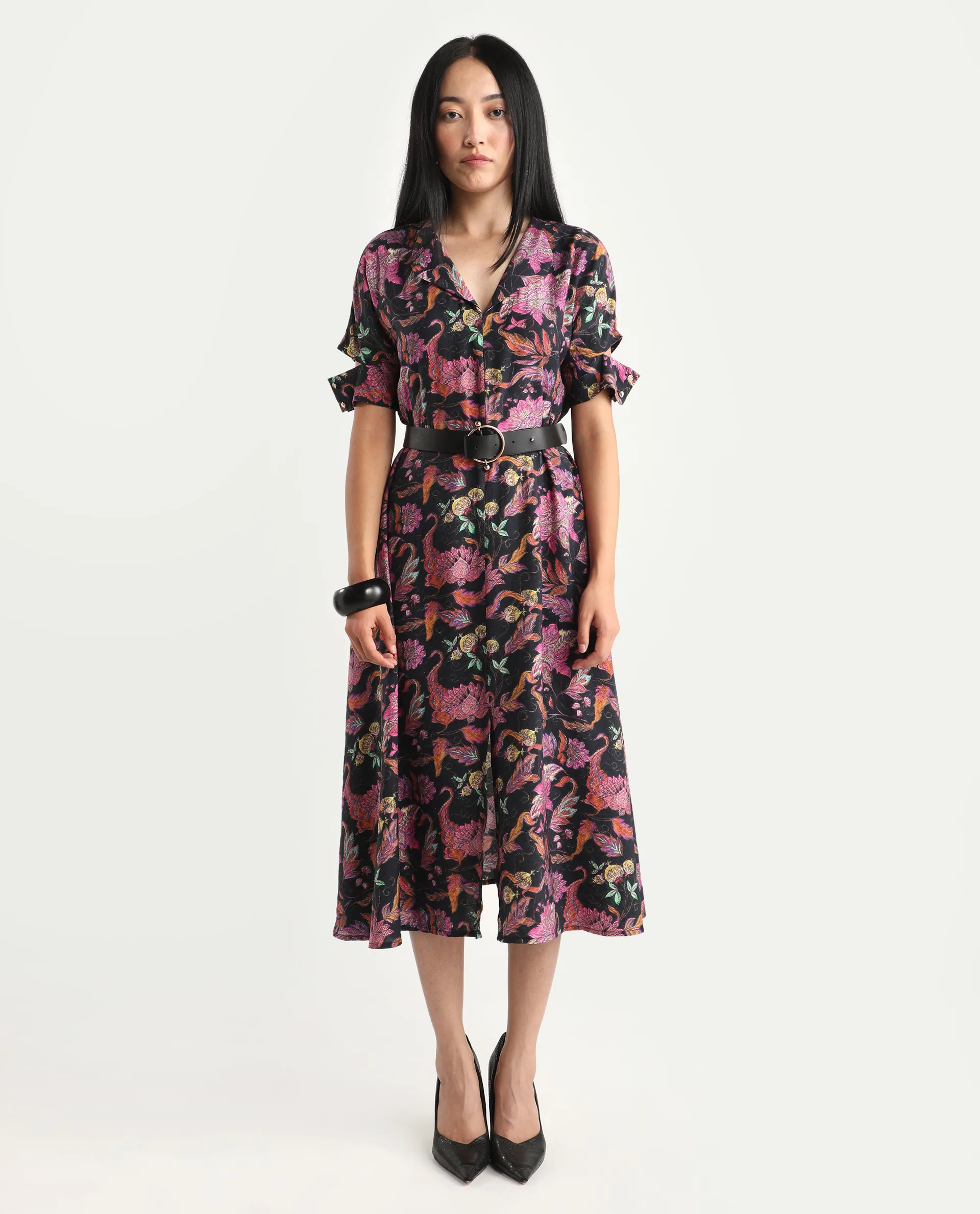 Rareism Women's Fertash Dark Multi Cotton Blend Drop Collar Abstract Print Cutout Sleeve Midi A-Line Dress - Image 4