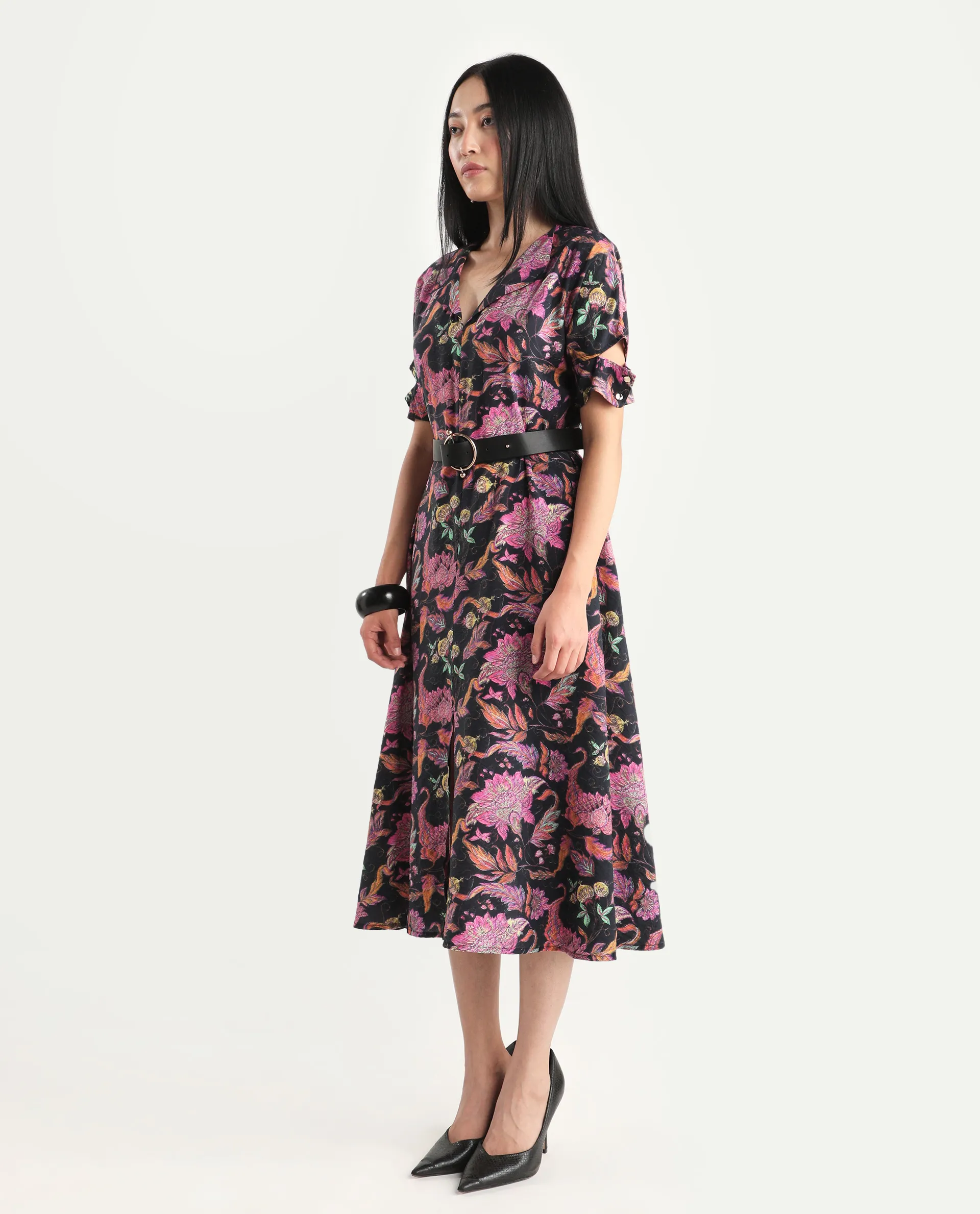 Rareism Women's Fertash Dark Multi Cotton Blend Drop Collar Abstract Print Cutout Sleeve Midi A-Line Dress - Image 5