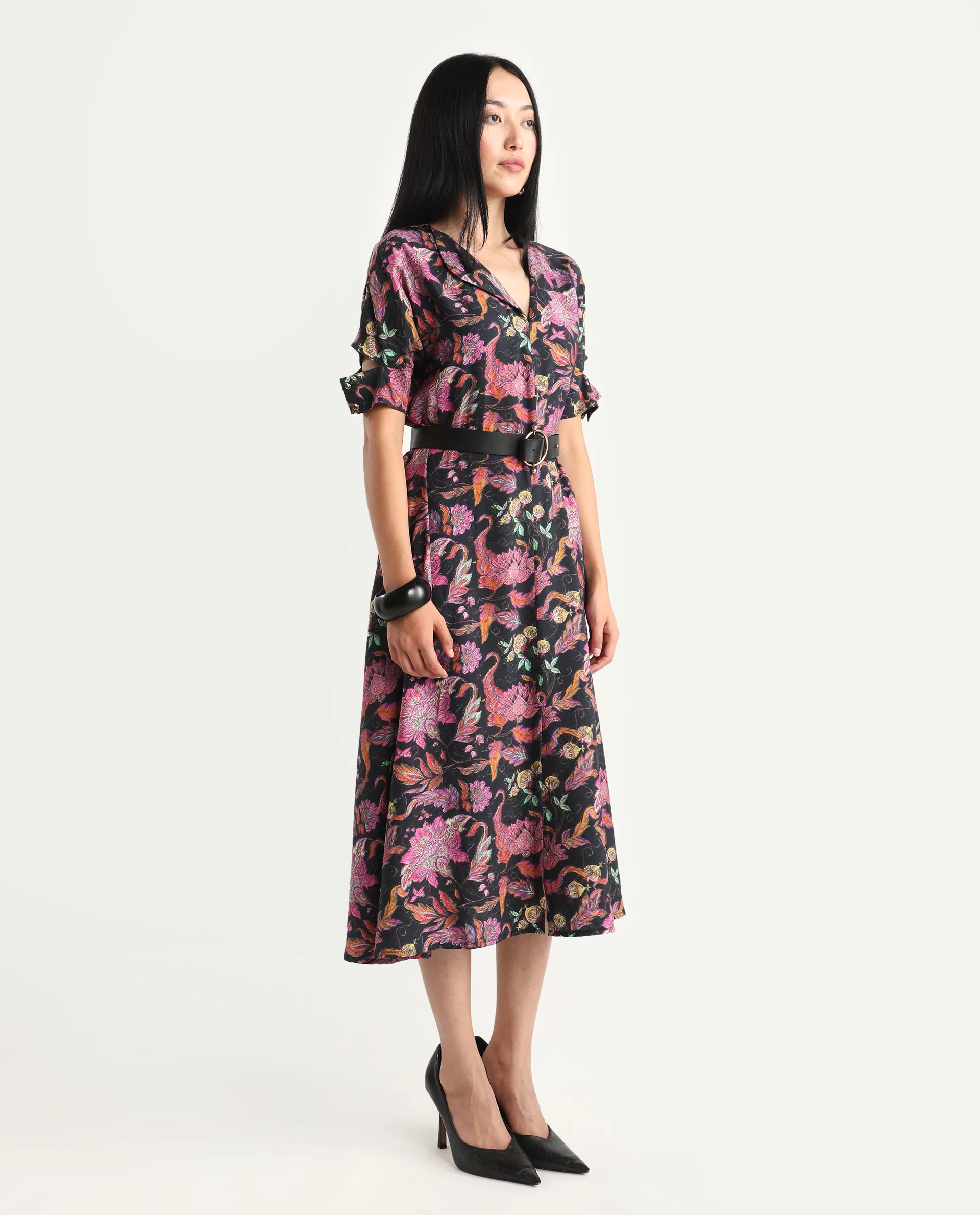 Rareism Women's Fertash Dark Multi Cotton Blend Drop Collar Abstract Print Cutout Sleeve Midi A-Line Dress - Image 6