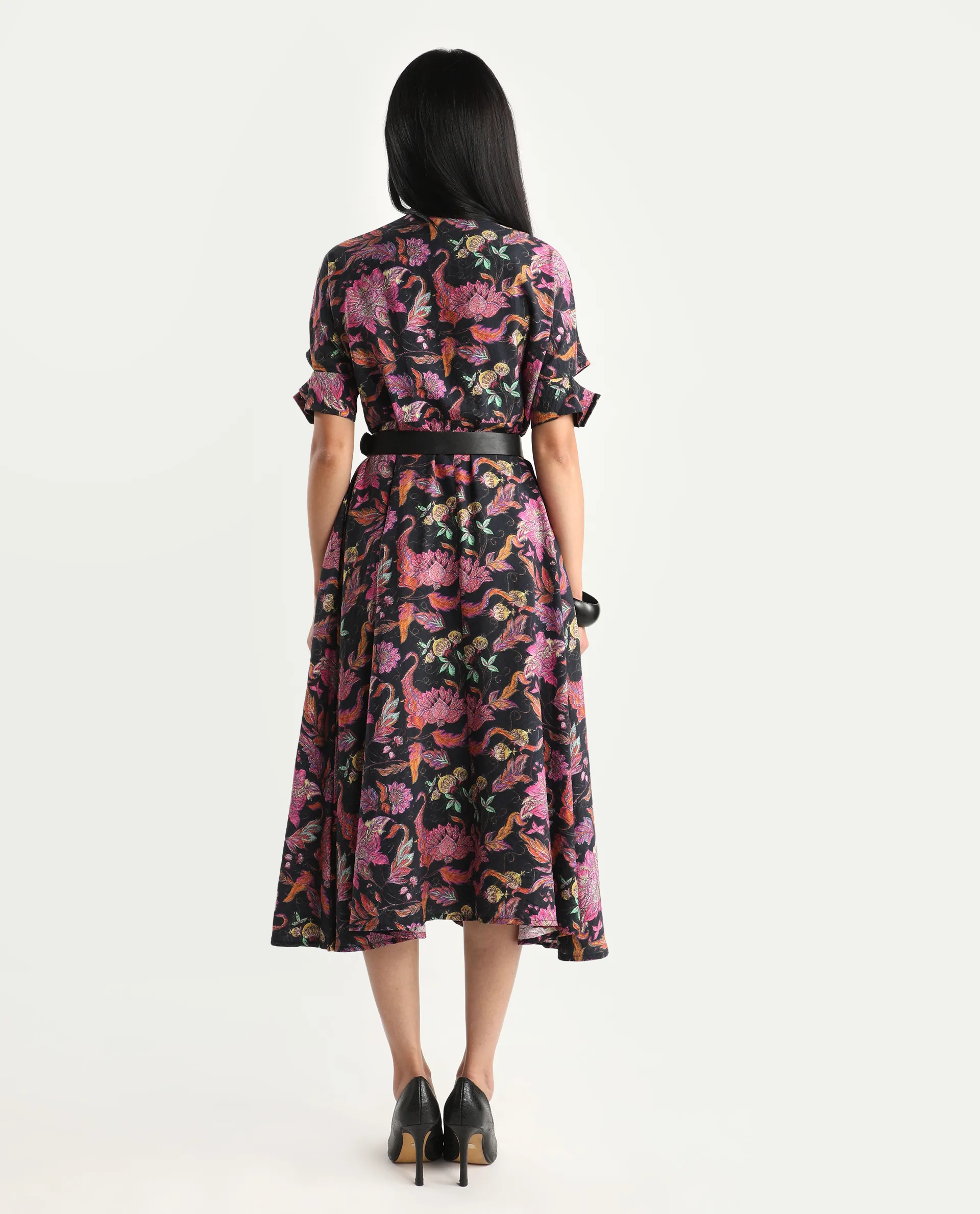 Rareism Women's Fertash Dark Multi Cotton Blend Drop Collar Abstract Print Cutout Sleeve Midi A-Line Dress - Image 7