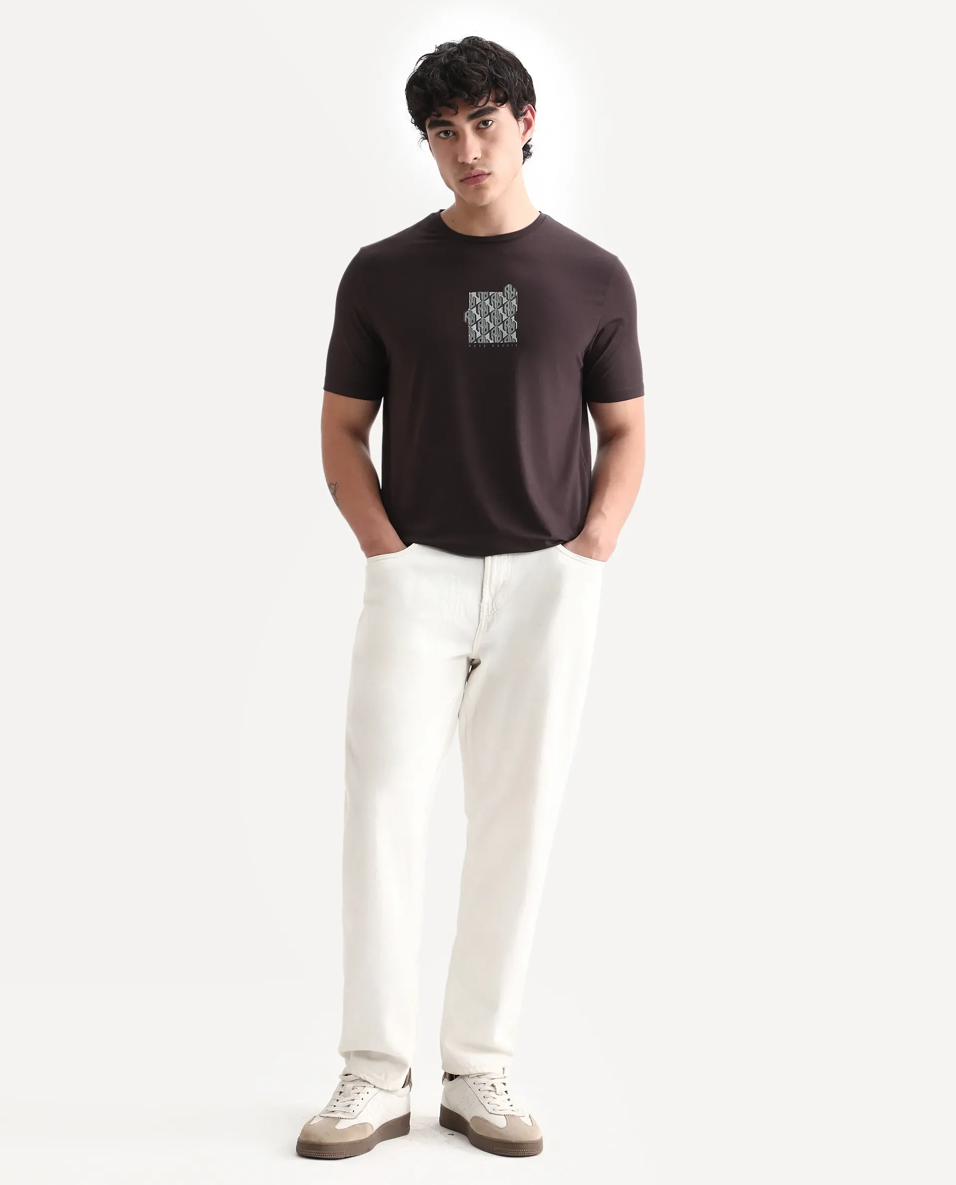 Rare Rabbit Men's Feso Dark Brown Cotton Blend Graphic Print Regular Fit Half Sleeve Crew Neck T-Shirt - Image 3