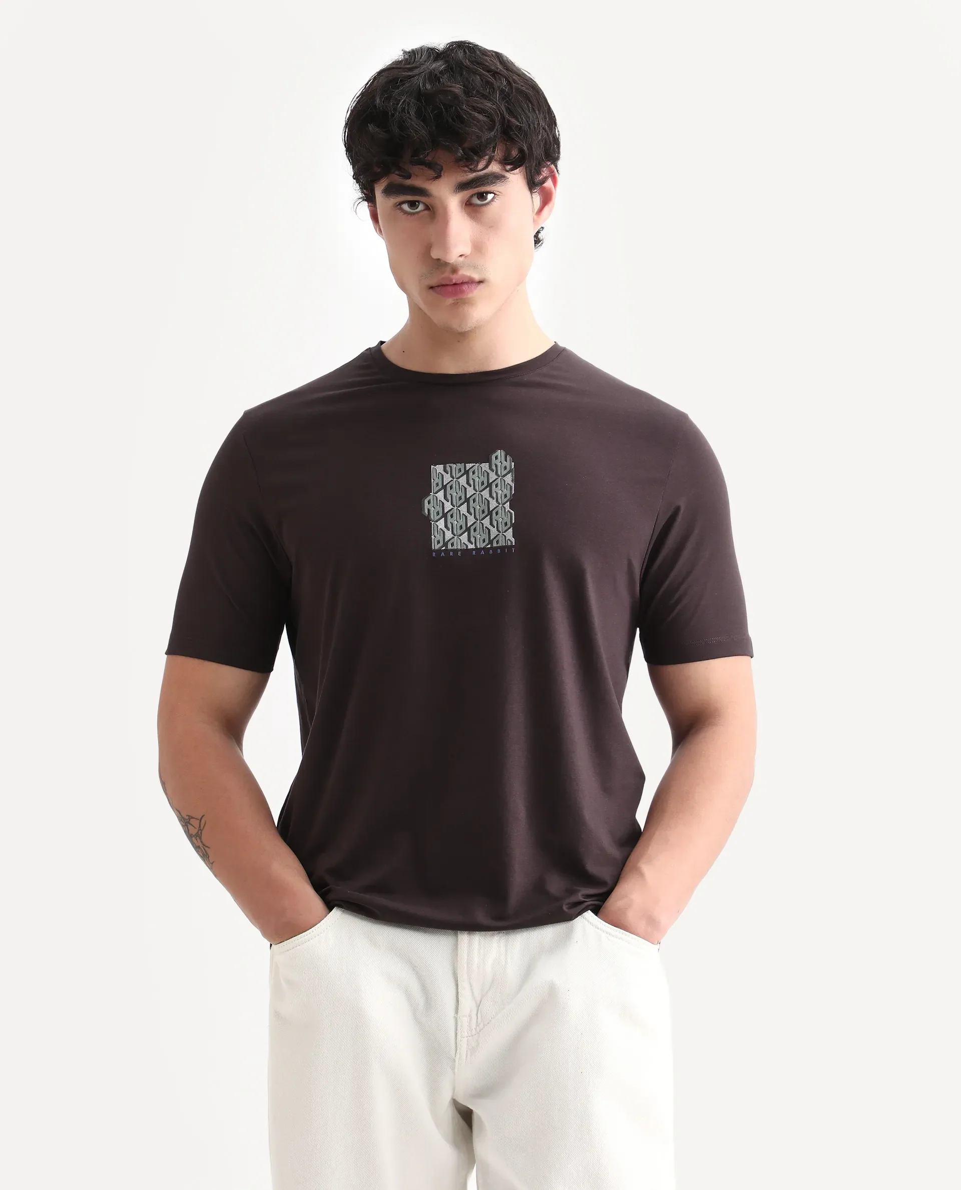 Rare Rabbit Men's Feso Dark Brown Cotton Blend Graphic Print Regular Fit Half Sleeve Crew Neck T-Shirt - Image 4