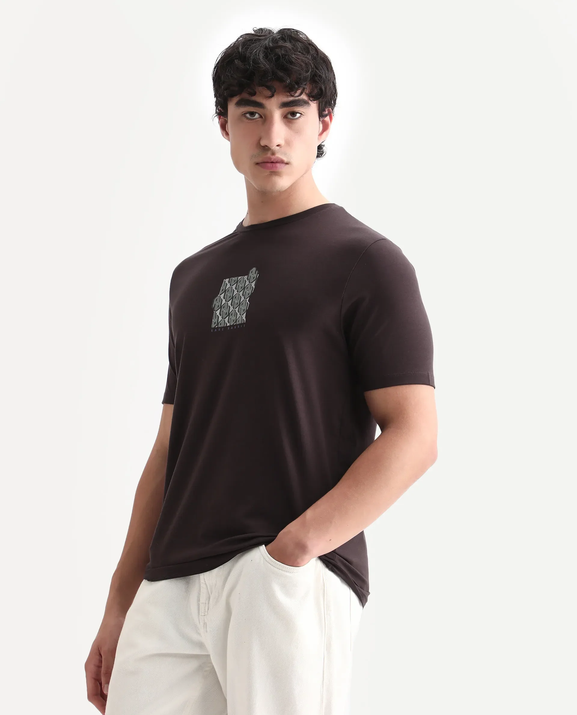 Rare Rabbit Men's Feso Dark Brown Cotton Blend Graphic Print Regular Fit Half Sleeve Crew Neck T-Shirt - Image 5