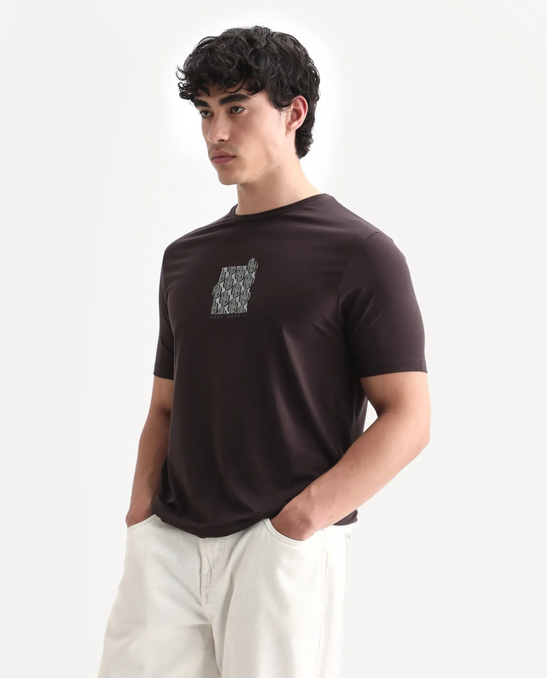 Rare Rabbit Men's Feso Dark Brown Cotton Blend Graphic Print Regular Fit Half Sleeve Crew Neck T-Shirt - Image 6