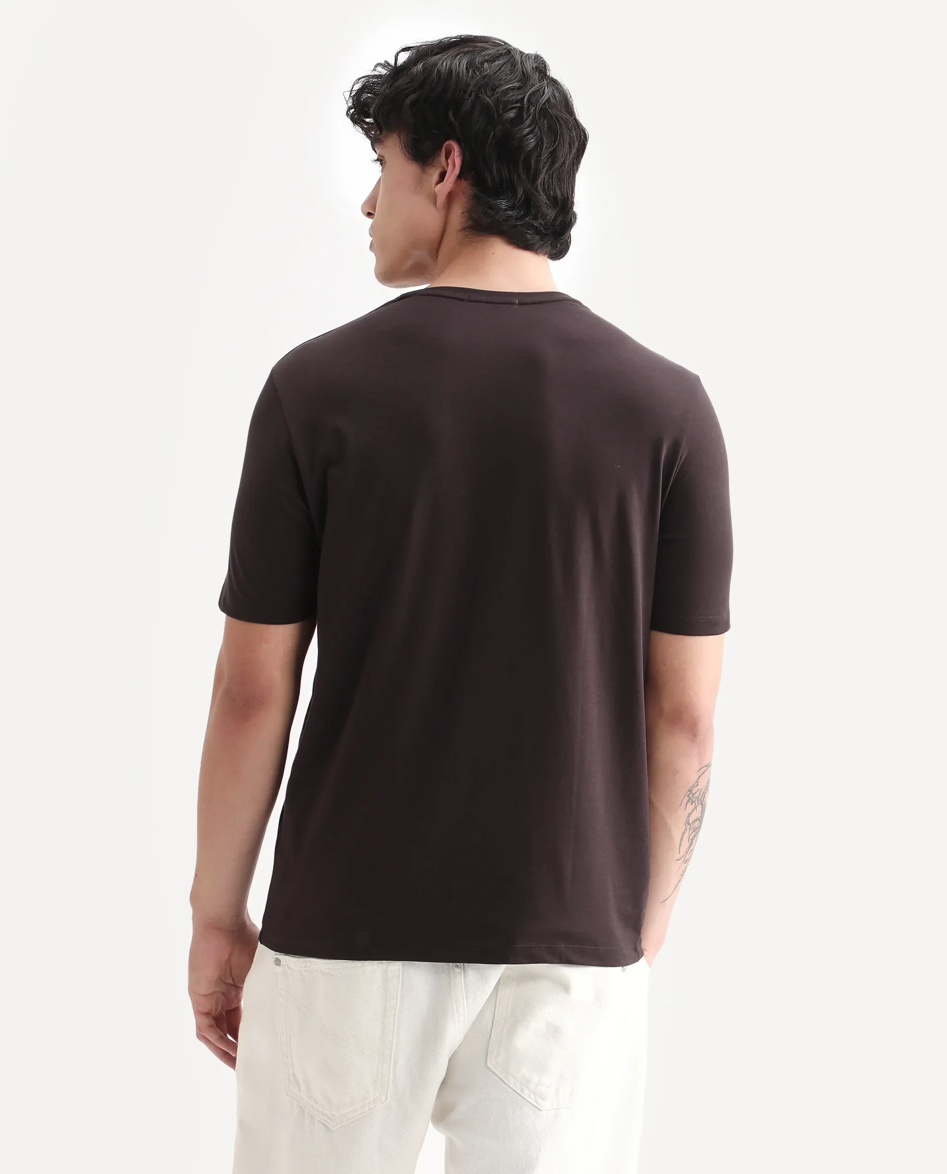 Rare Rabbit Men's Feso Dark Brown Cotton Blend Graphic Print Regular Fit Half Sleeve Crew Neck T-Shirt - Image 7