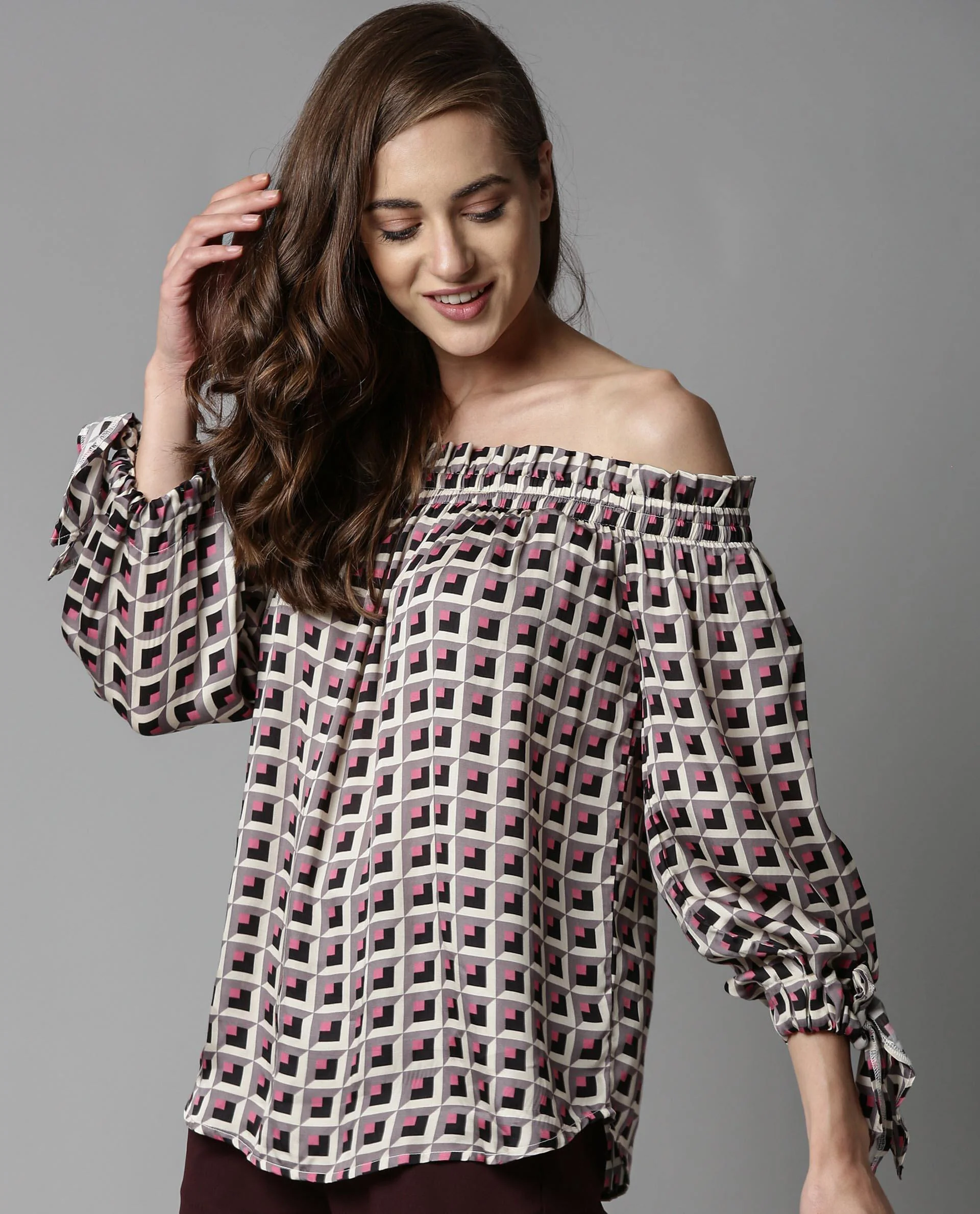 Rareism Women Fest Beige Top Short Sleeves Printed