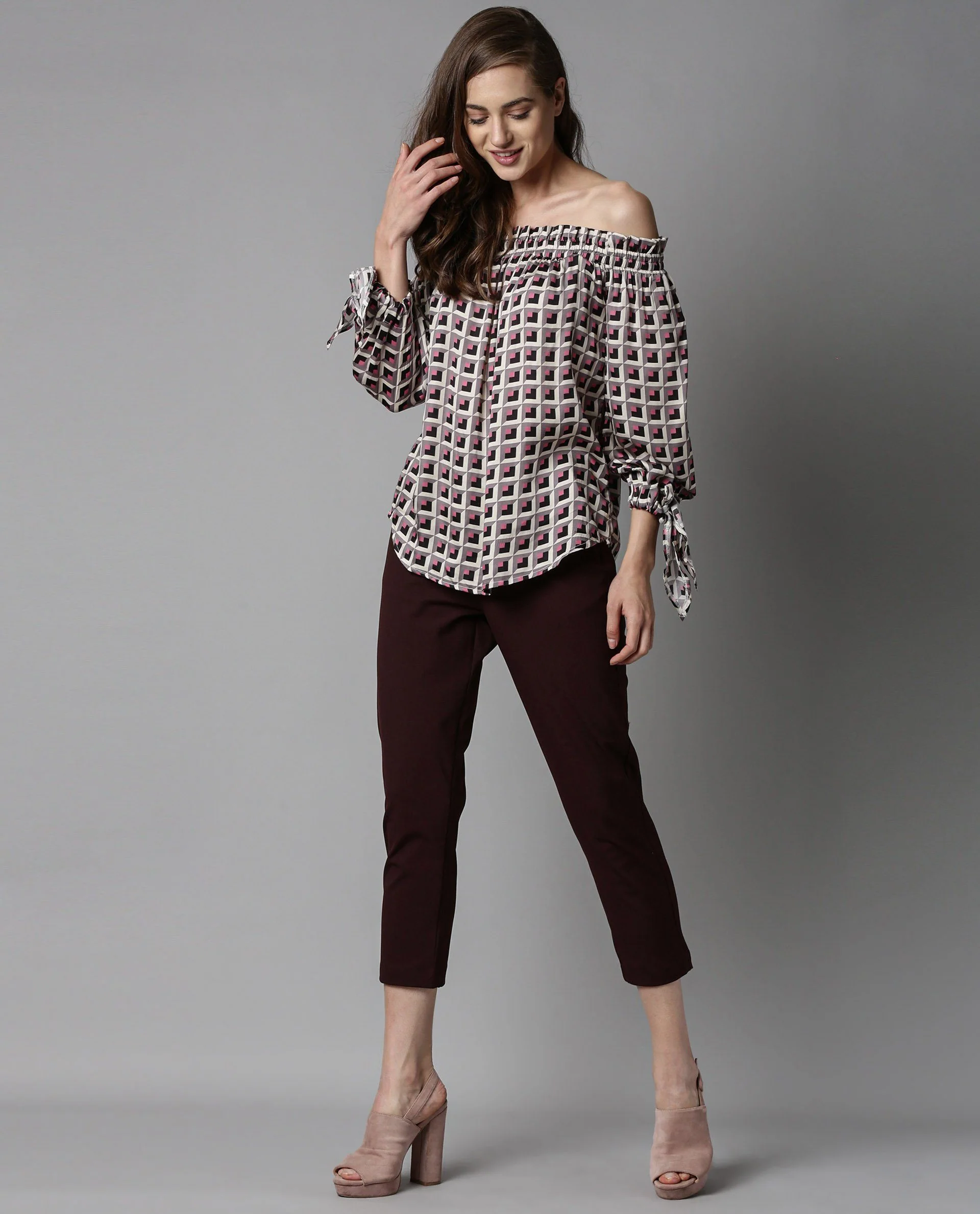 Rareism Women Fest Beige Top Short Sleeves Printed - Image 2