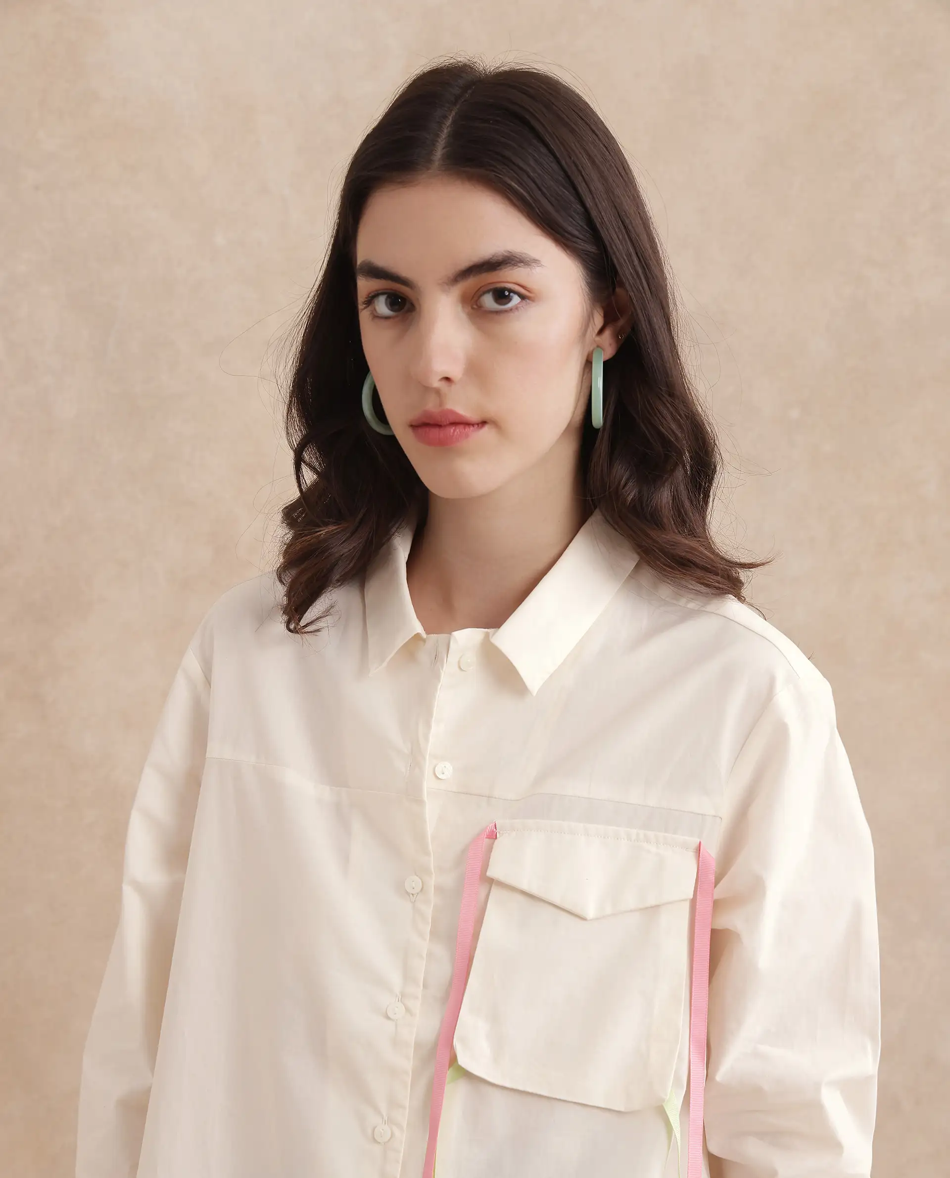Rareism Women's Fetopl Beige Cotton Spread Collar Graphic Print Cuffed Sleeve Boxy Fit Shirt - Image 2
