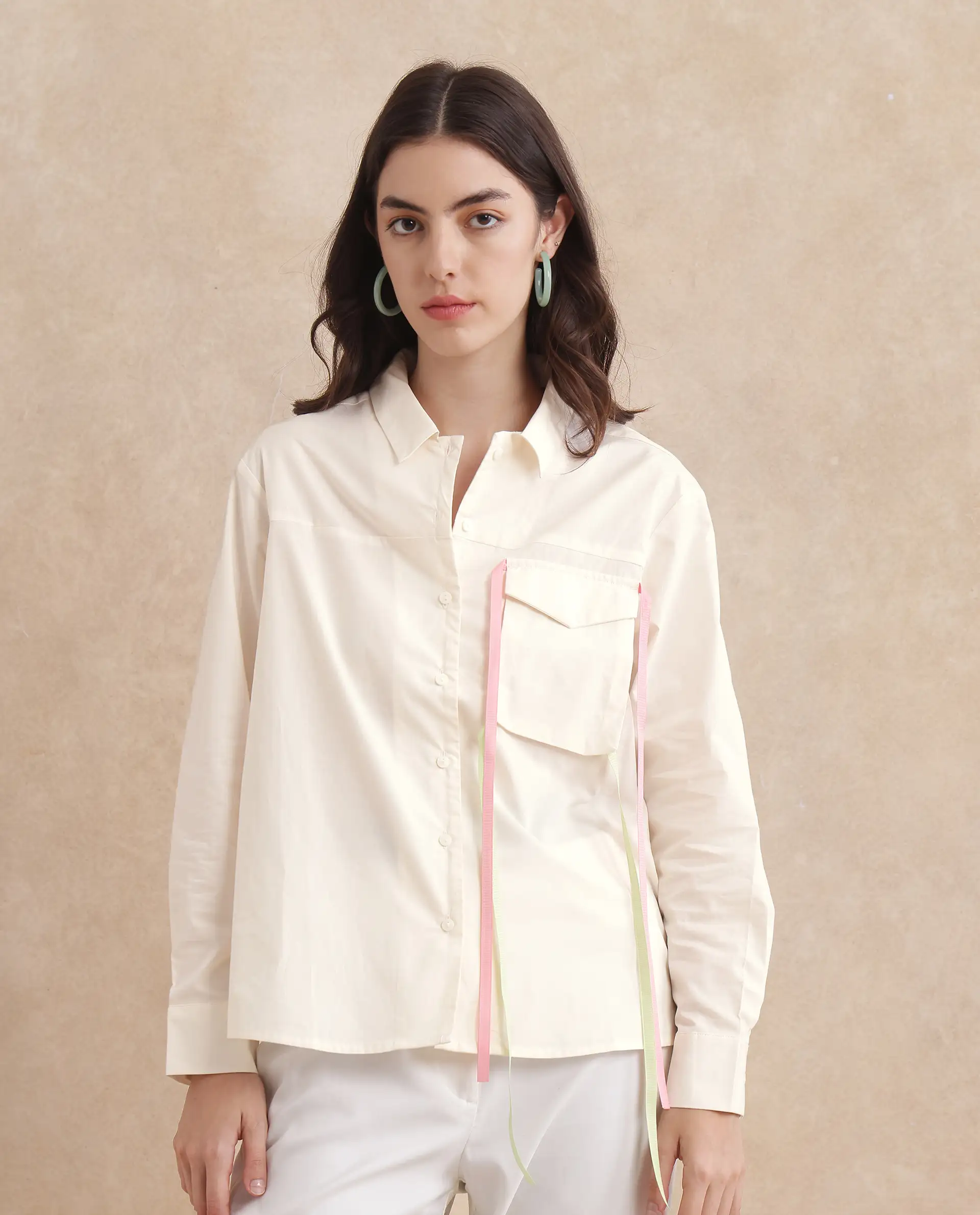 Rareism Women's Fetopl Beige Cotton Spread Collar Graphic Print Cuffed Sleeve Boxy Fit Shirt - Image 3