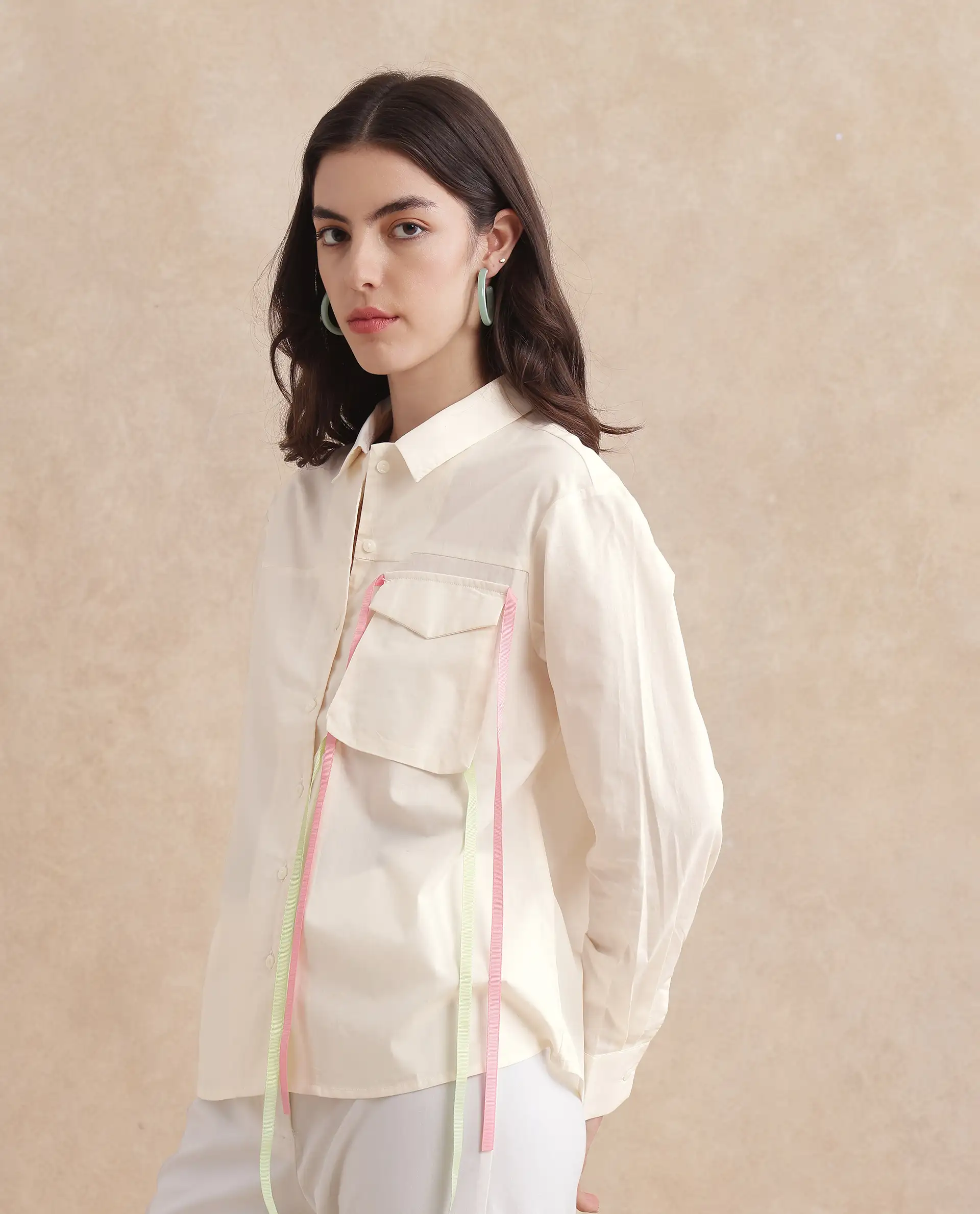 Rareism Women's Fetopl Beige Cotton Spread Collar Graphic Print Cuffed Sleeve Boxy Fit Shirt - Image 4