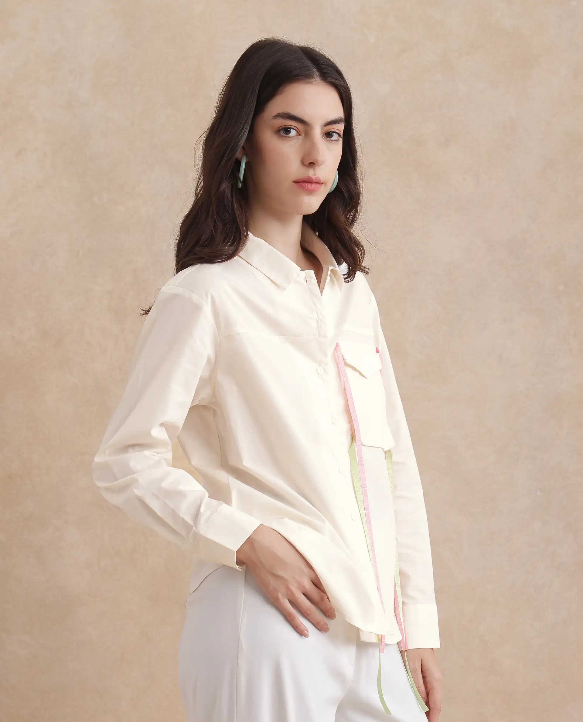 Rareism Women's Fetopl Beige Cotton Spread Collar Graphic Print Cuffed Sleeve Boxy Fit Shirt - Image 5