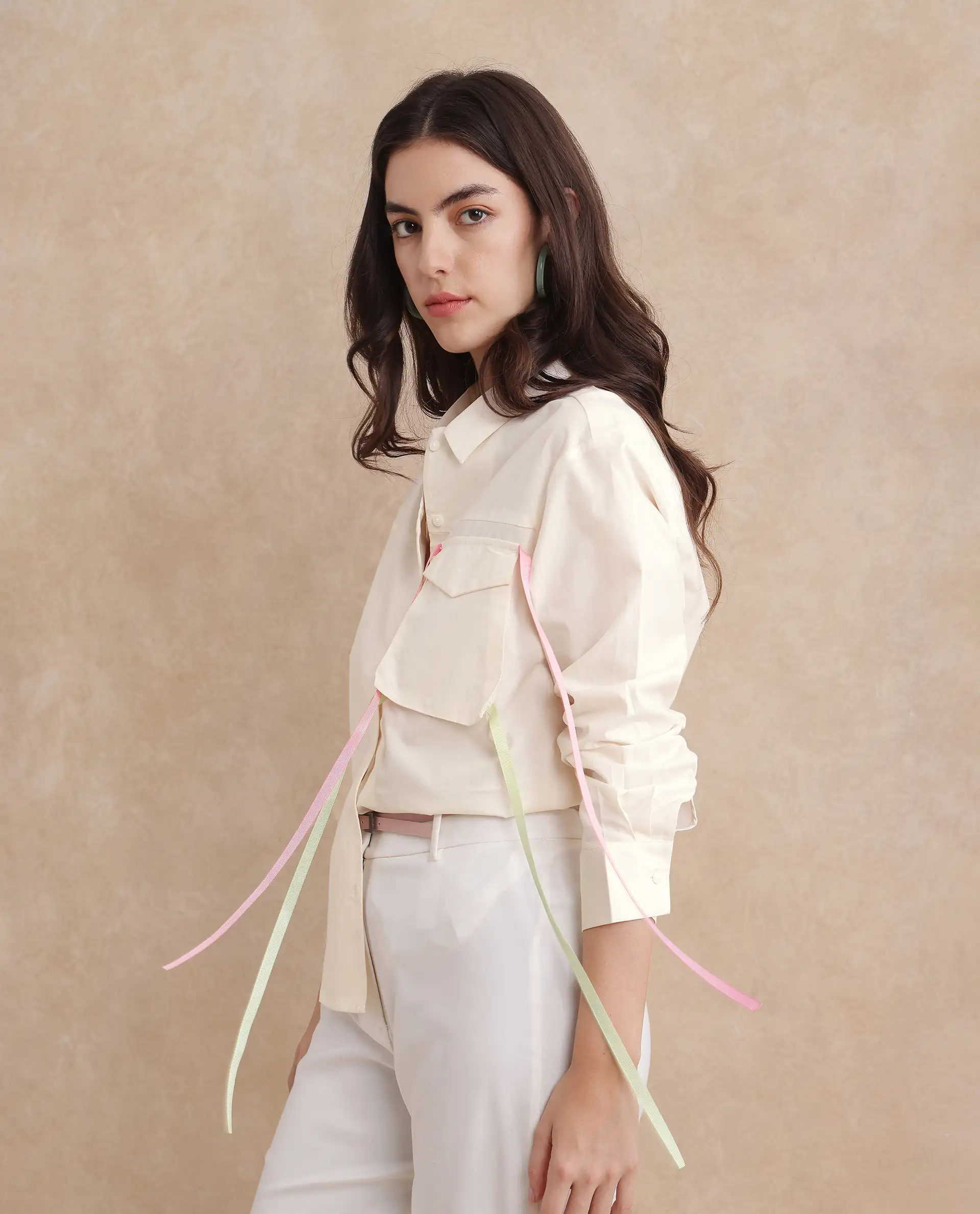 Rareism Women's Fetopl Beige Cotton Spread Collar Graphic Print Cuffed Sleeve Boxy Fit Shirt - Image 6