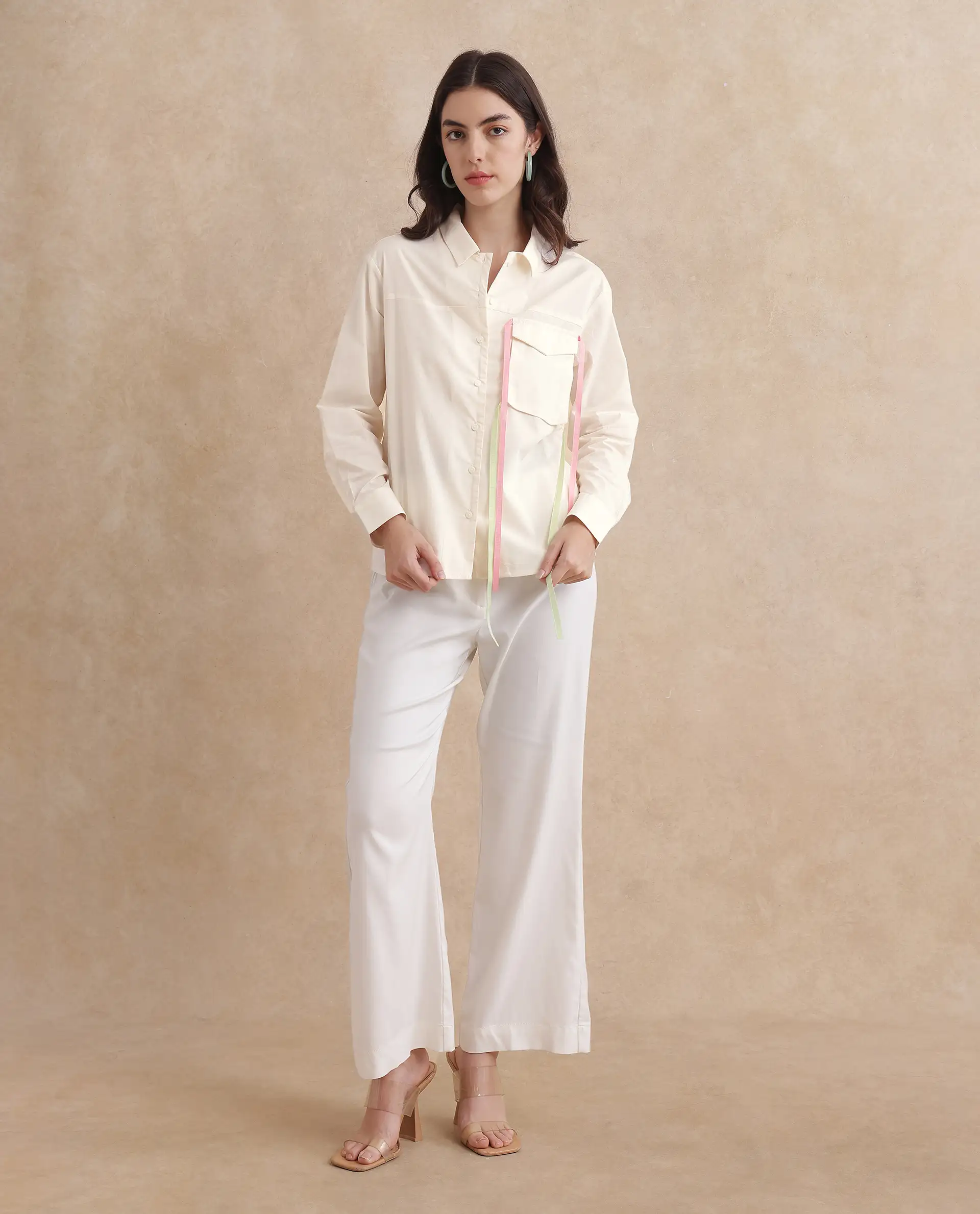 Rareism Women's Fetopl Beige Cotton Spread Collar Graphic Print Cuffed Sleeve Boxy Fit Shirt - Image 8