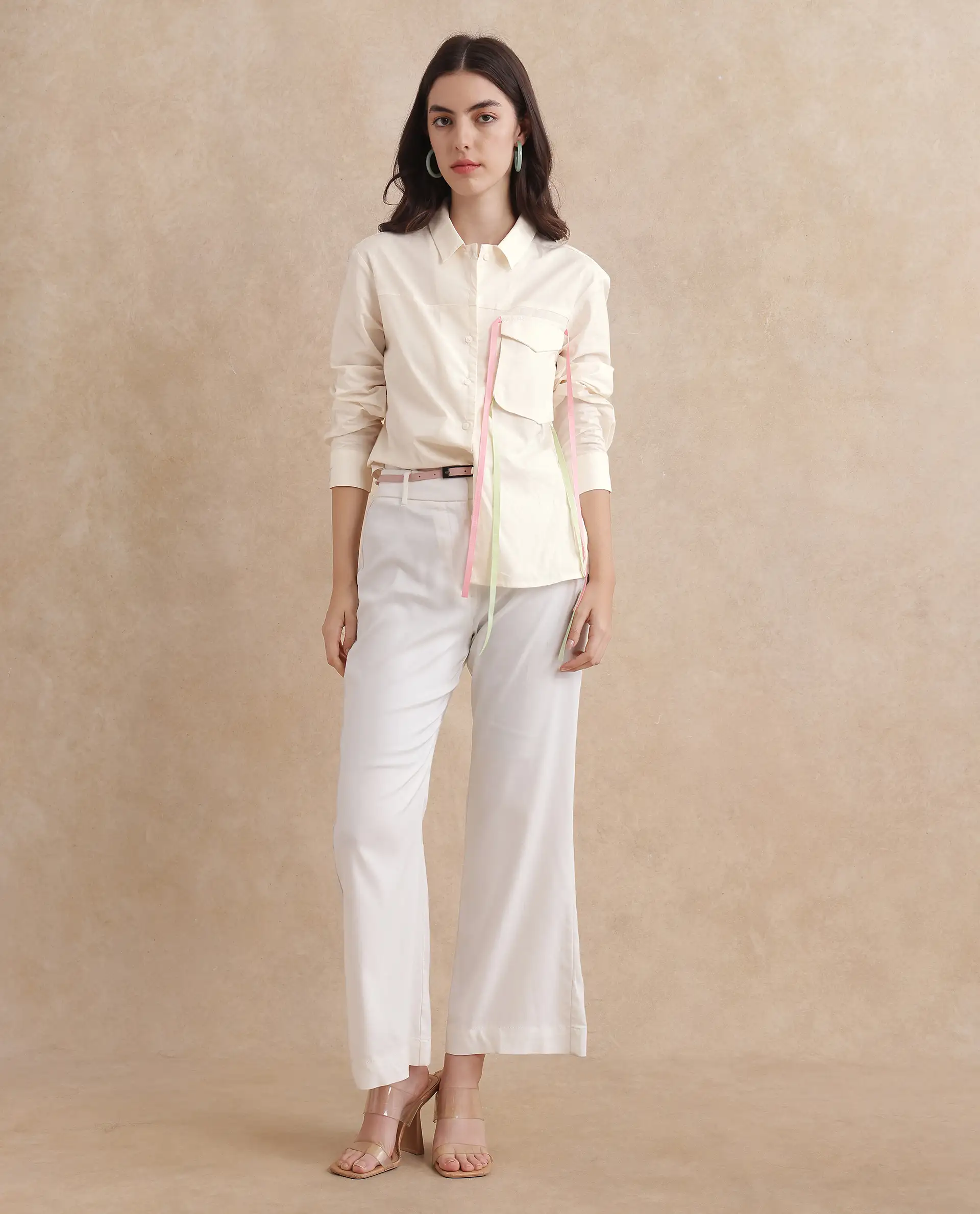 Rareism Women's Fetopl Beige Cotton Spread Collar Graphic Print Cuffed Sleeve Boxy Fit Shirt - Image 9