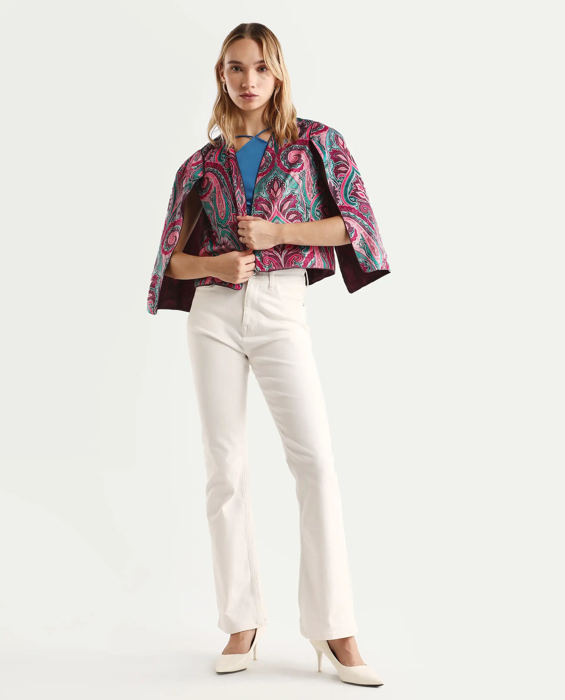 Rareism Women's Fewdy Multi Velvet Collarless Paisley Print Crop Regular Fit Jacket - Image 2
