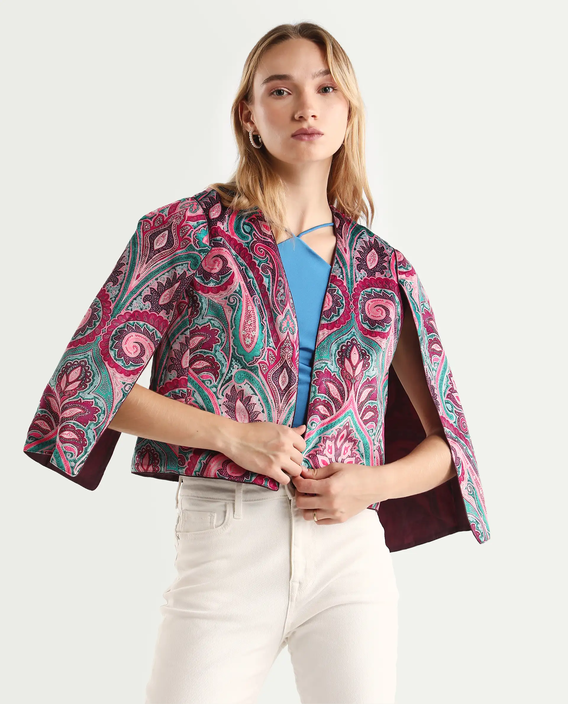 Rareism Women's Fewdy Multi Velvet Collarless Paisley Print Crop Regular Fit Jacket - Image 3