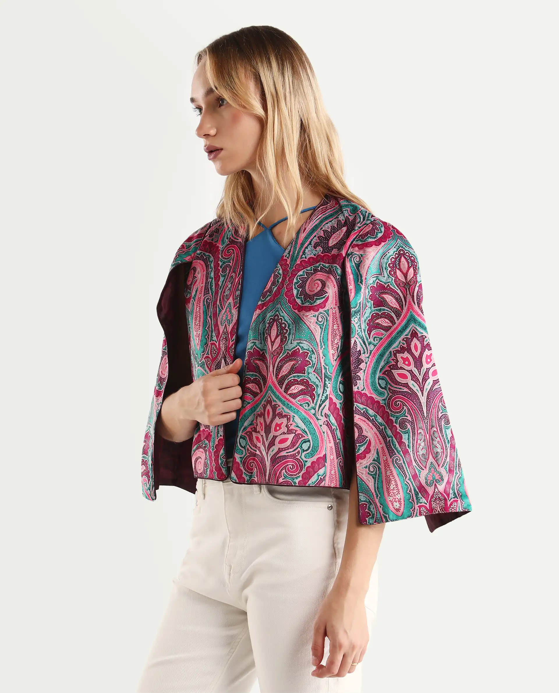 Rareism Women's Fewdy Multi Velvet Collarless Paisley Print Crop Regular Fit Jacket - Image 5