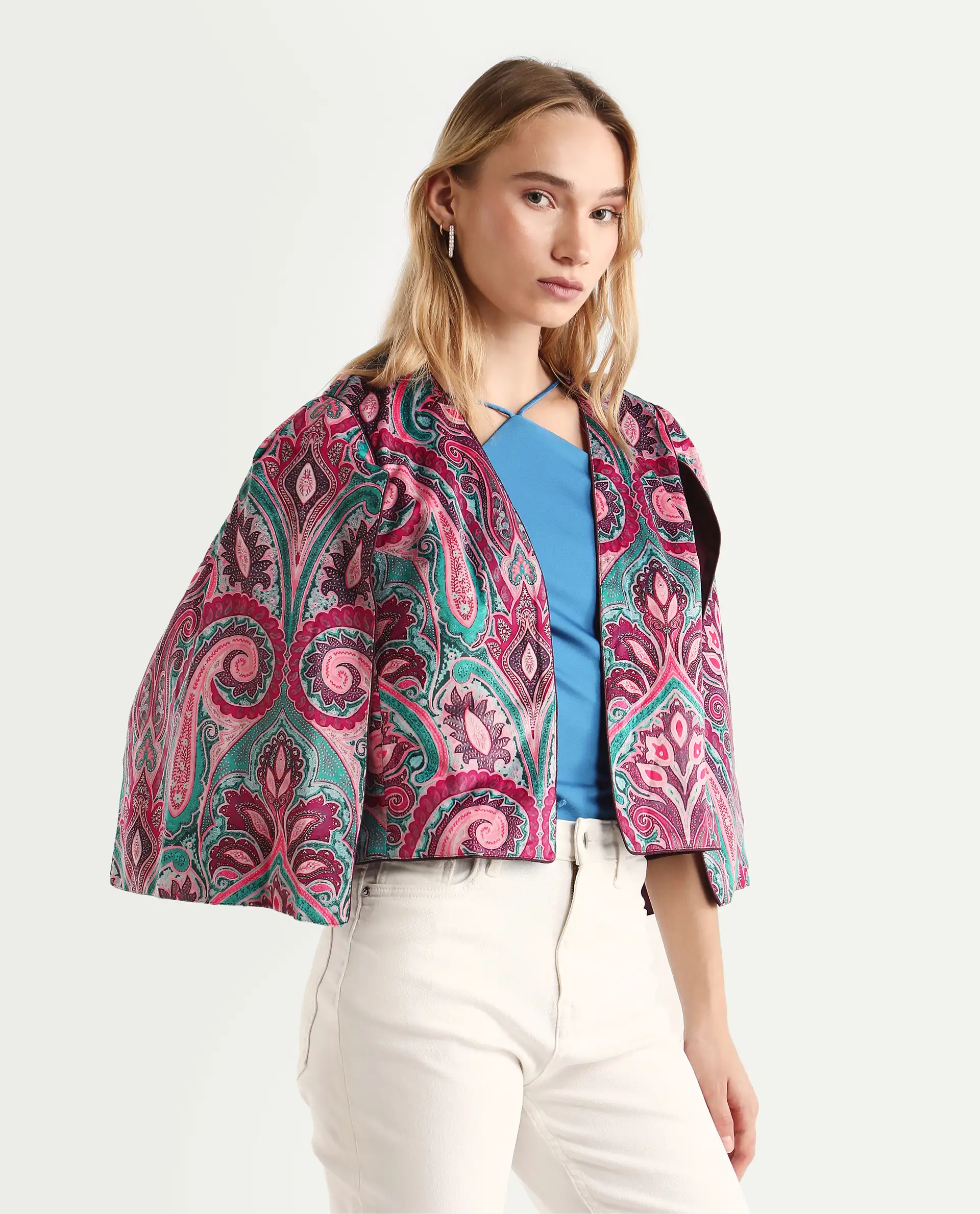 Rareism Women's Fewdy Multi Velvet Collarless Paisley Print Crop Regular Fit Jacket - Image 6