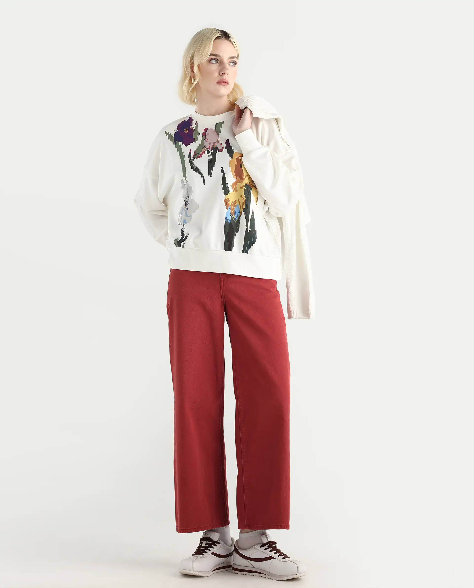 Rareism Women's Fez Off White Cotton Blend Crew Neck Relaxed Fit Floral Print Sweatshirt - Image 2