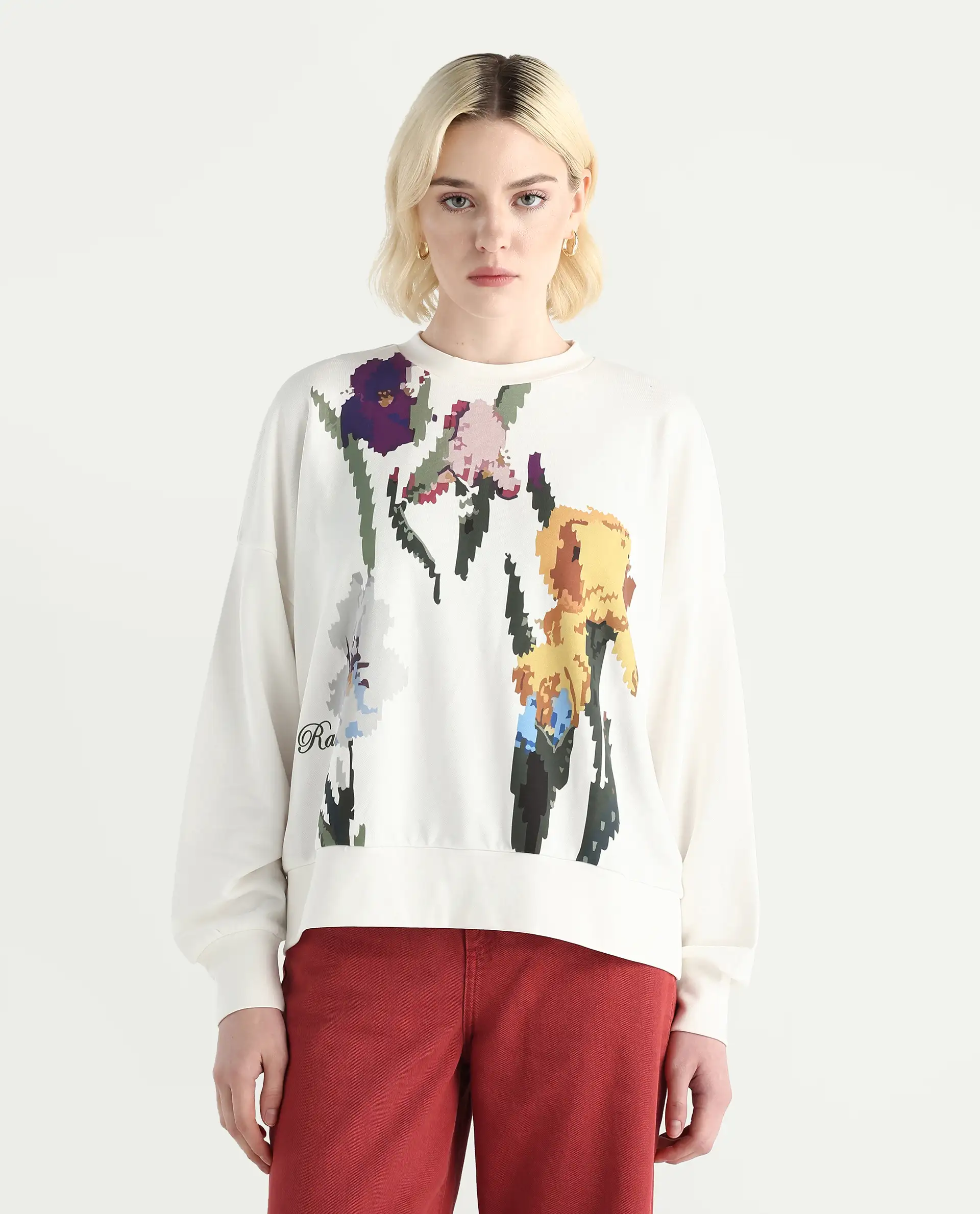 Rareism Women's Fez Off White Cotton Blend Crew Neck Relaxed Fit Floral Print Sweatshirt - Image 3