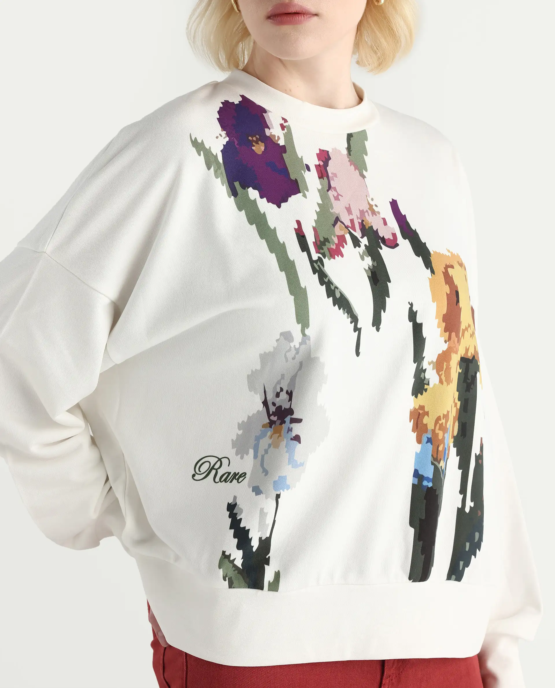 Rareism Women's Fez Off White Cotton Blend Crew Neck Relaxed Fit Floral Print Sweatshirt - Image 4