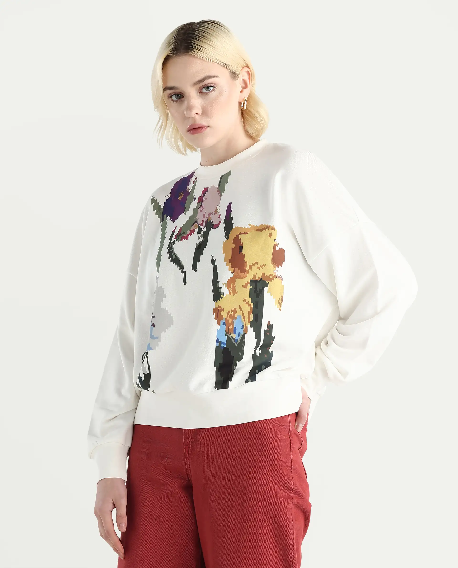 Rareism Women's Fez Off White Cotton Blend Crew Neck Relaxed Fit Floral Print Sweatshirt - Image 5