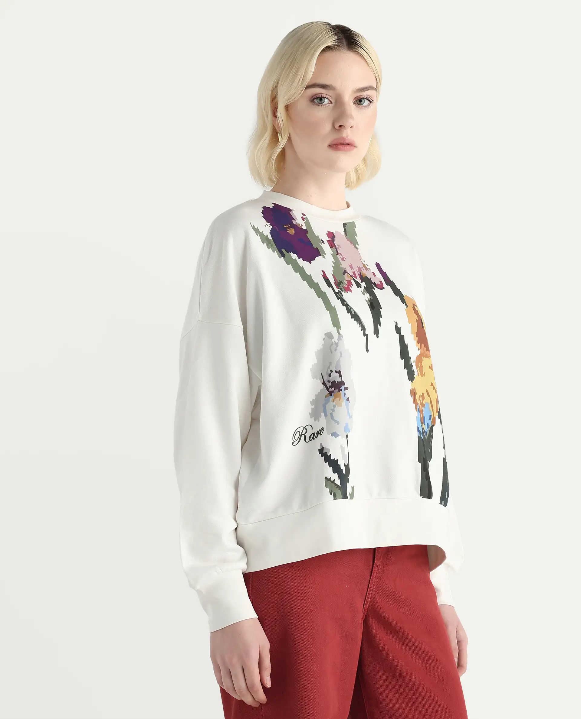 Rareism Women's Fez Off White Cotton Blend Crew Neck Relaxed Fit Floral Print Sweatshirt - Image 6