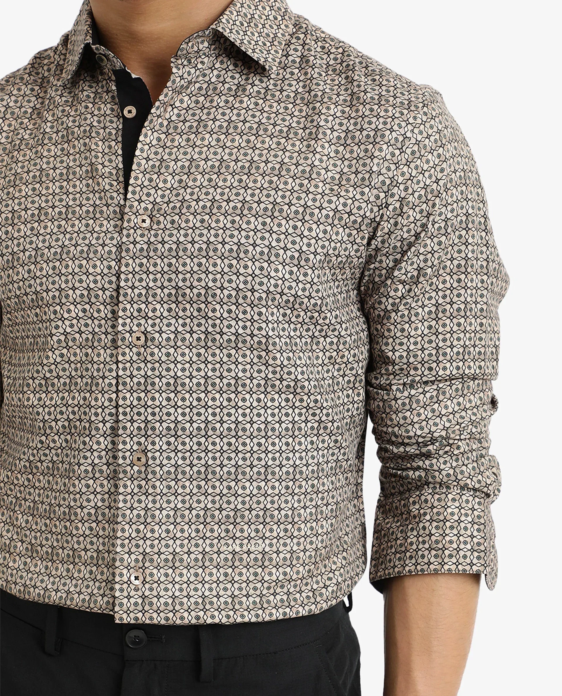 Rare Rabbit Men's Fich Beige Cotton Blend Geometric Print Regular Fit Full Sleeve Collared Shirt - Image 3