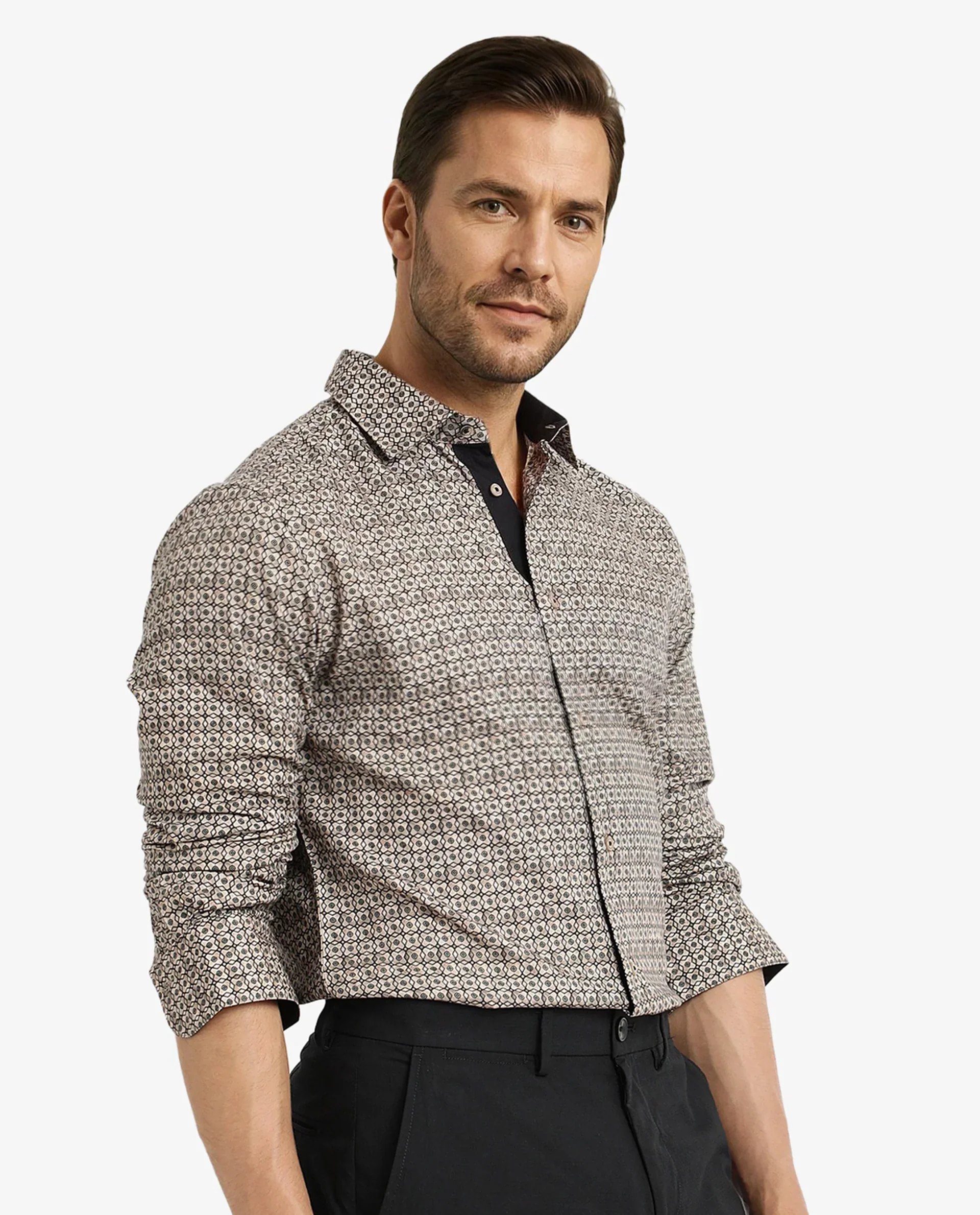 Rare Rabbit Men's Fich Beige Cotton Blend Geometric Print Regular Fit Full Sleeve Collared Shirt - Image 5