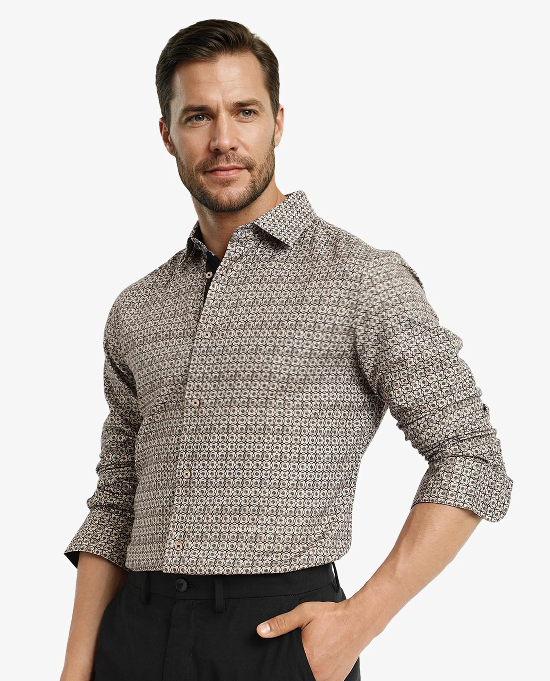 Rare Rabbit Men's Fich Beige Cotton Blend Geometric Print Regular Fit Full Sleeve Collared Shirt - Image 6