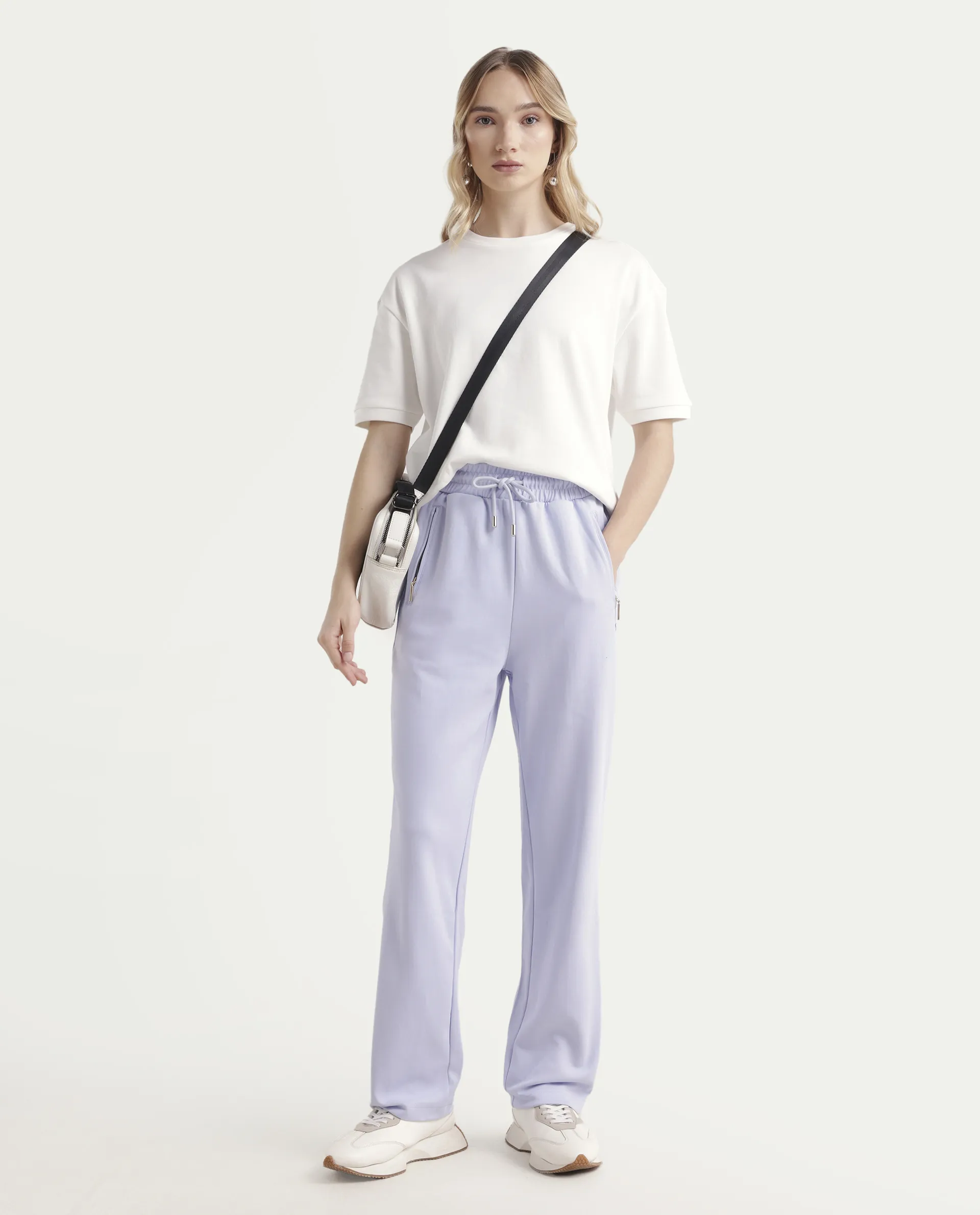 Rareism Women's Fider Light Blue Cotton Blend Plain Ankle Length Tapered Track Pant