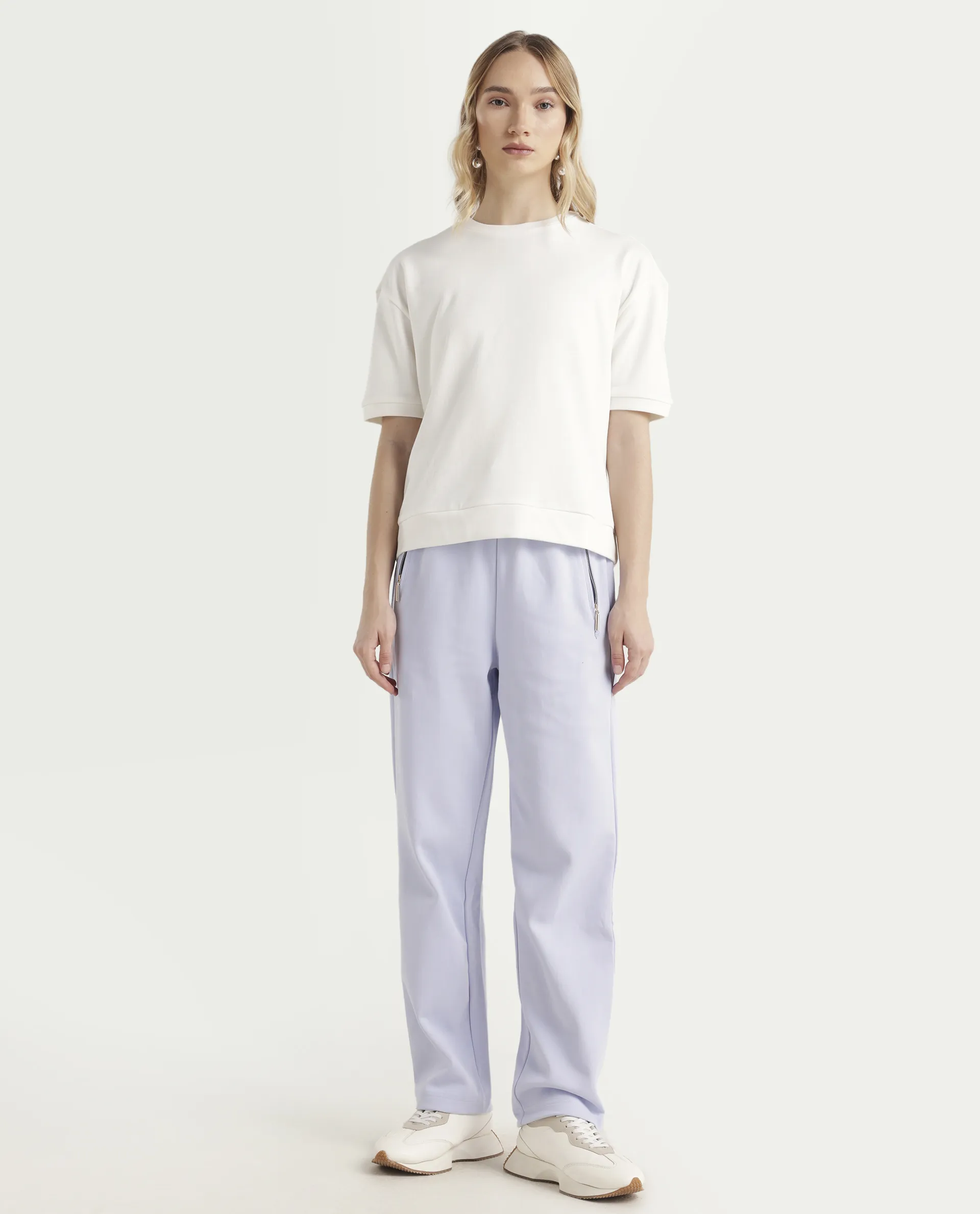 Rareism Women's Fider Light Blue Cotton Blend Plain Ankle Length Tapered Track Pant - Image 2
