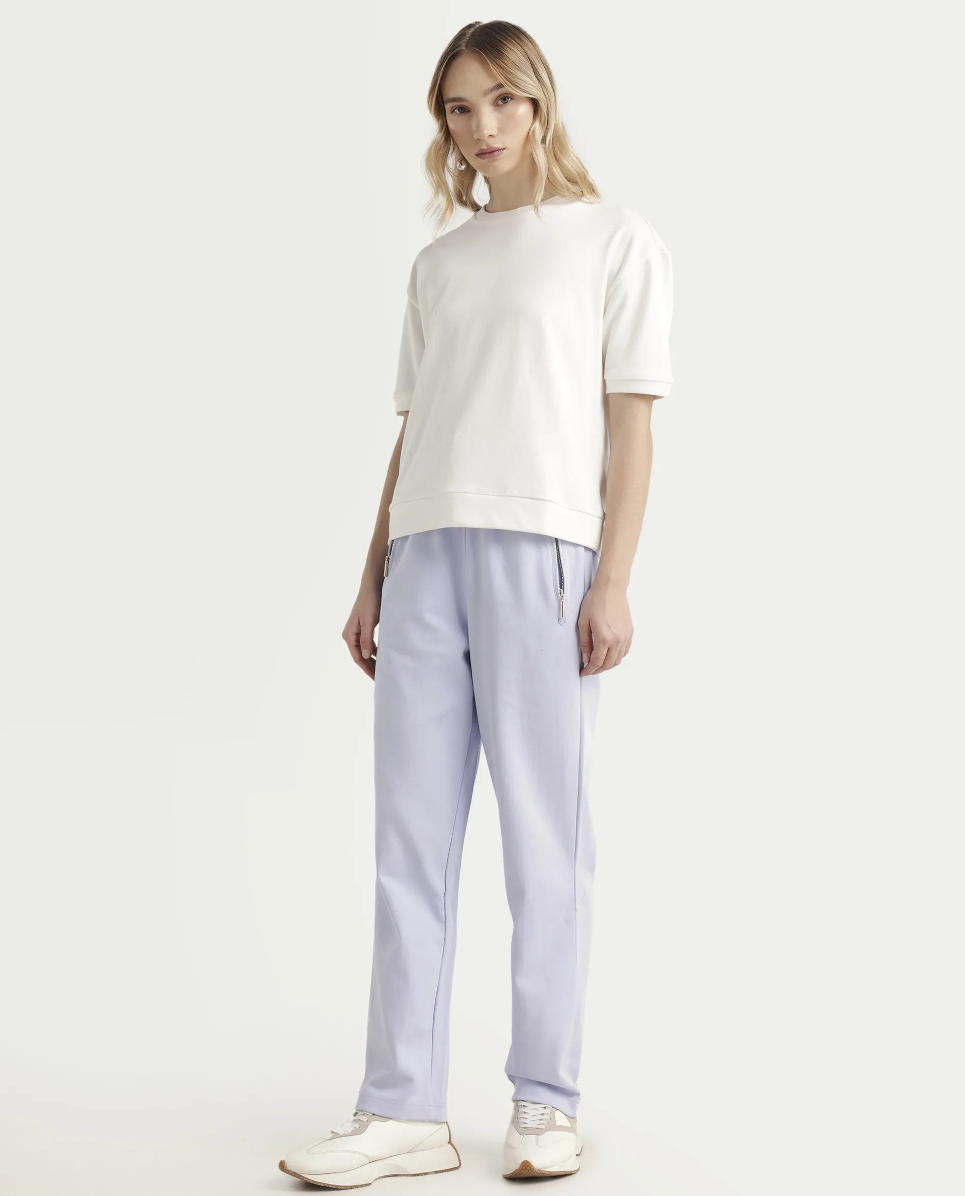 Rareism Women's Fider Light Blue Cotton Blend Plain Ankle Length Tapered Track Pant - Image 5
