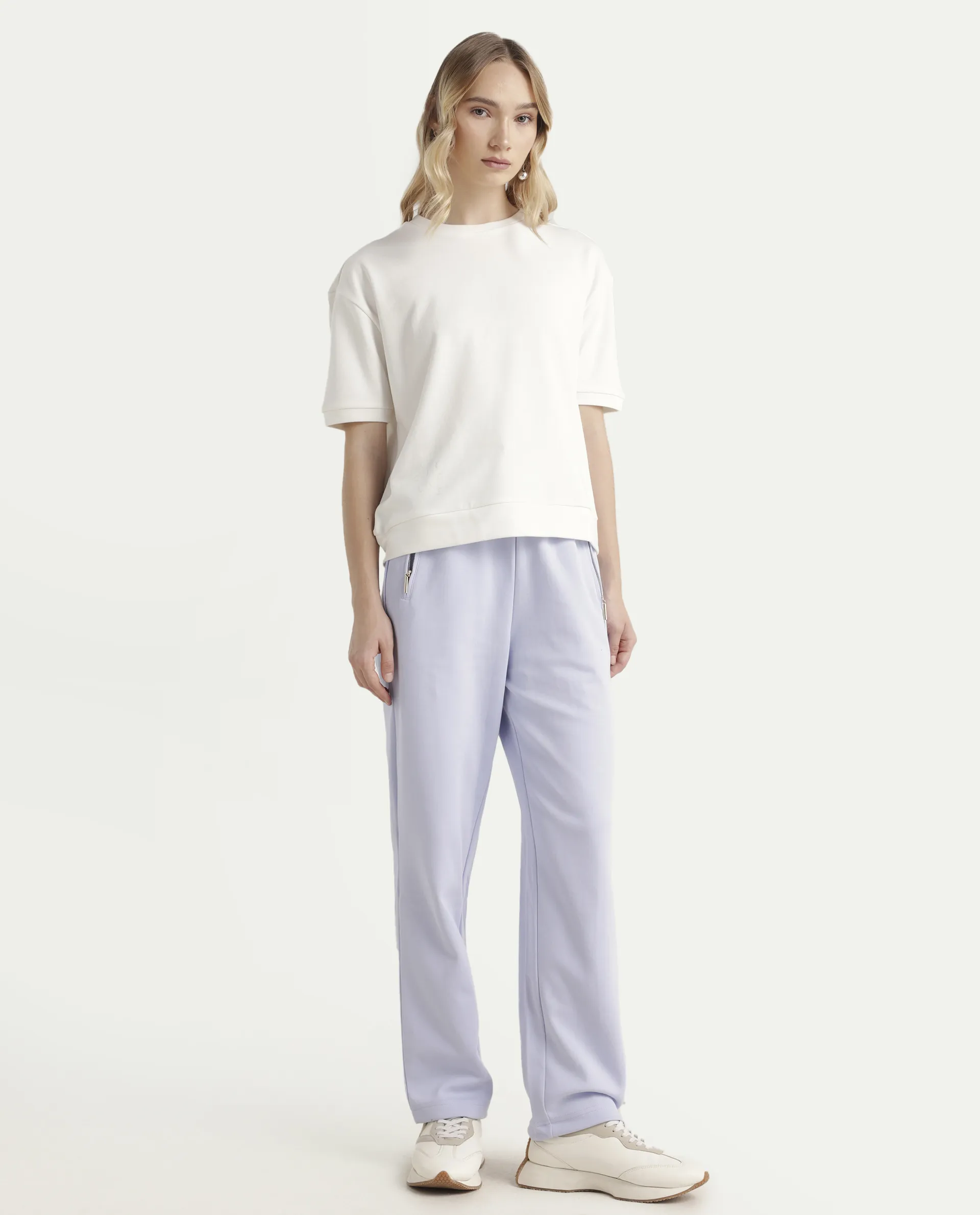 Rareism Women's Fider Light Blue Cotton Blend Plain Ankle Length Tapered Track Pant - Image 6