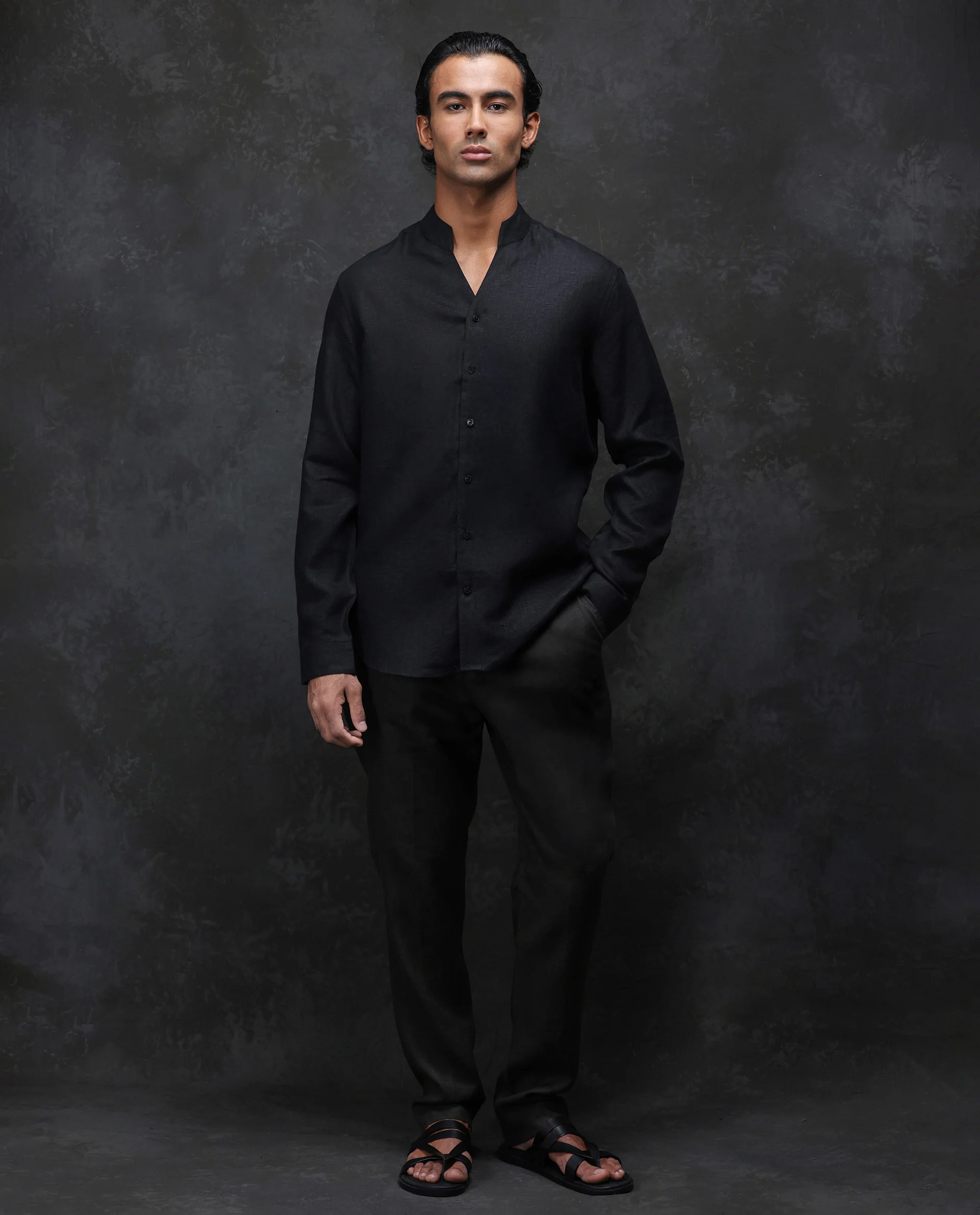 Rare Rabbit Men's Fig Black 100% Linen Plain Regular Fit Full Sleeve Mandarin Collar Shirt - Image 3