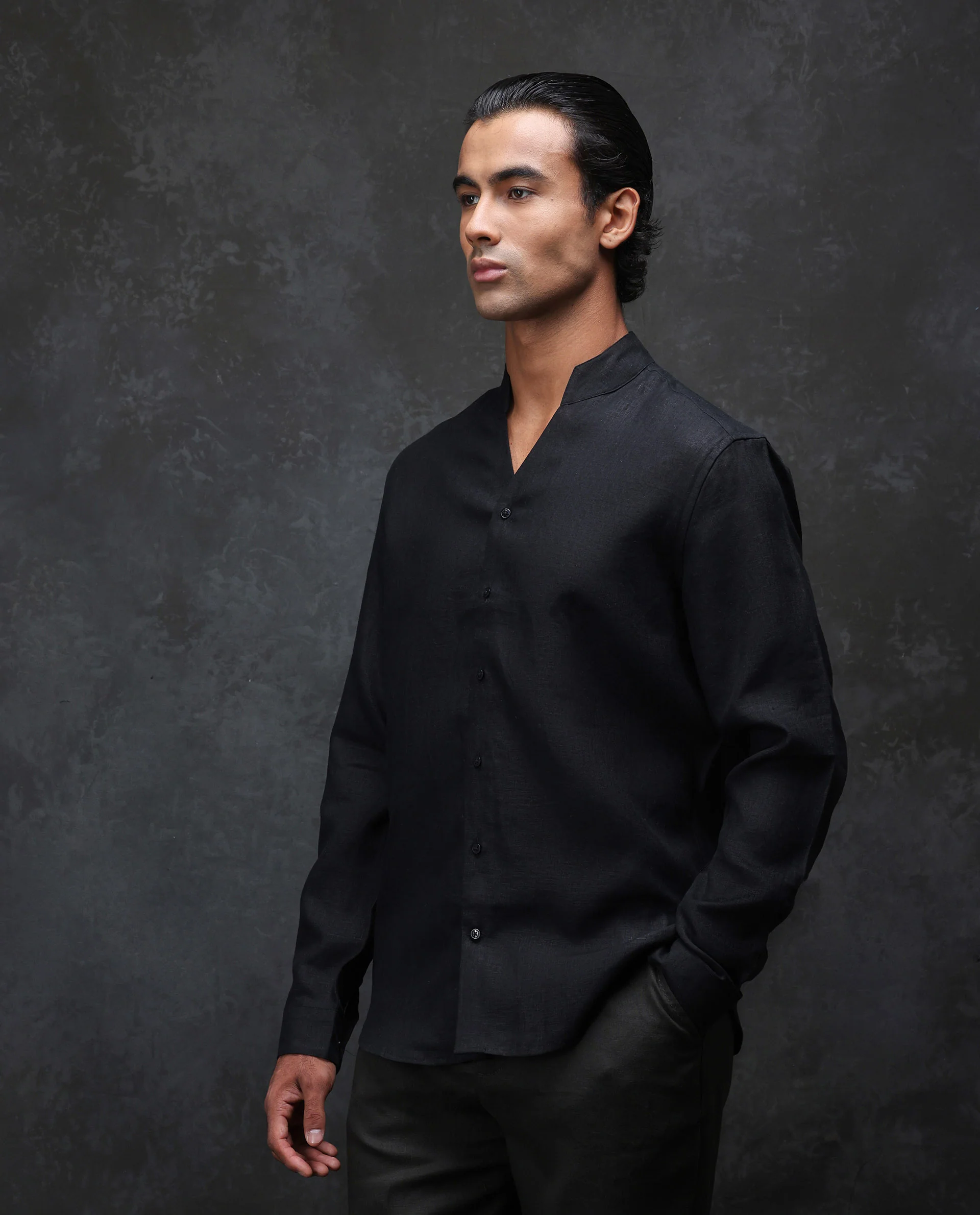 Rare Rabbit Men's Fig Black 100% Linen Plain Regular Fit Full Sleeve Mandarin Collar Shirt - Image 4