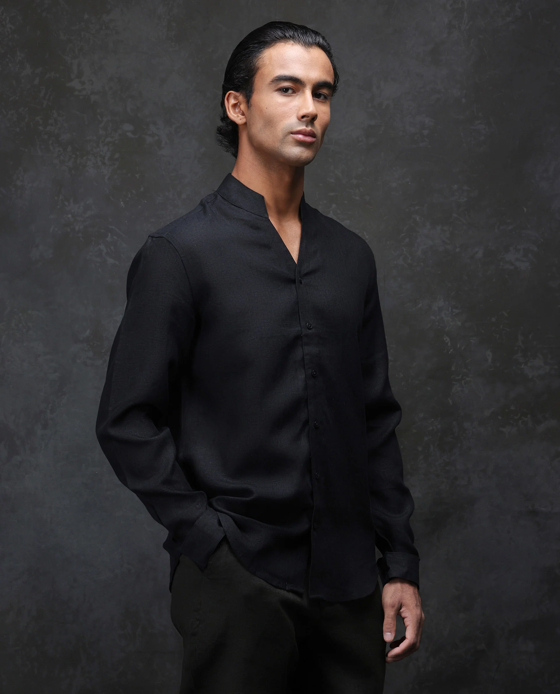 Rare Rabbit Men's Fig Black 100% Linen Plain Regular Fit Full Sleeve Mandarin Collar Shirt - Image 5