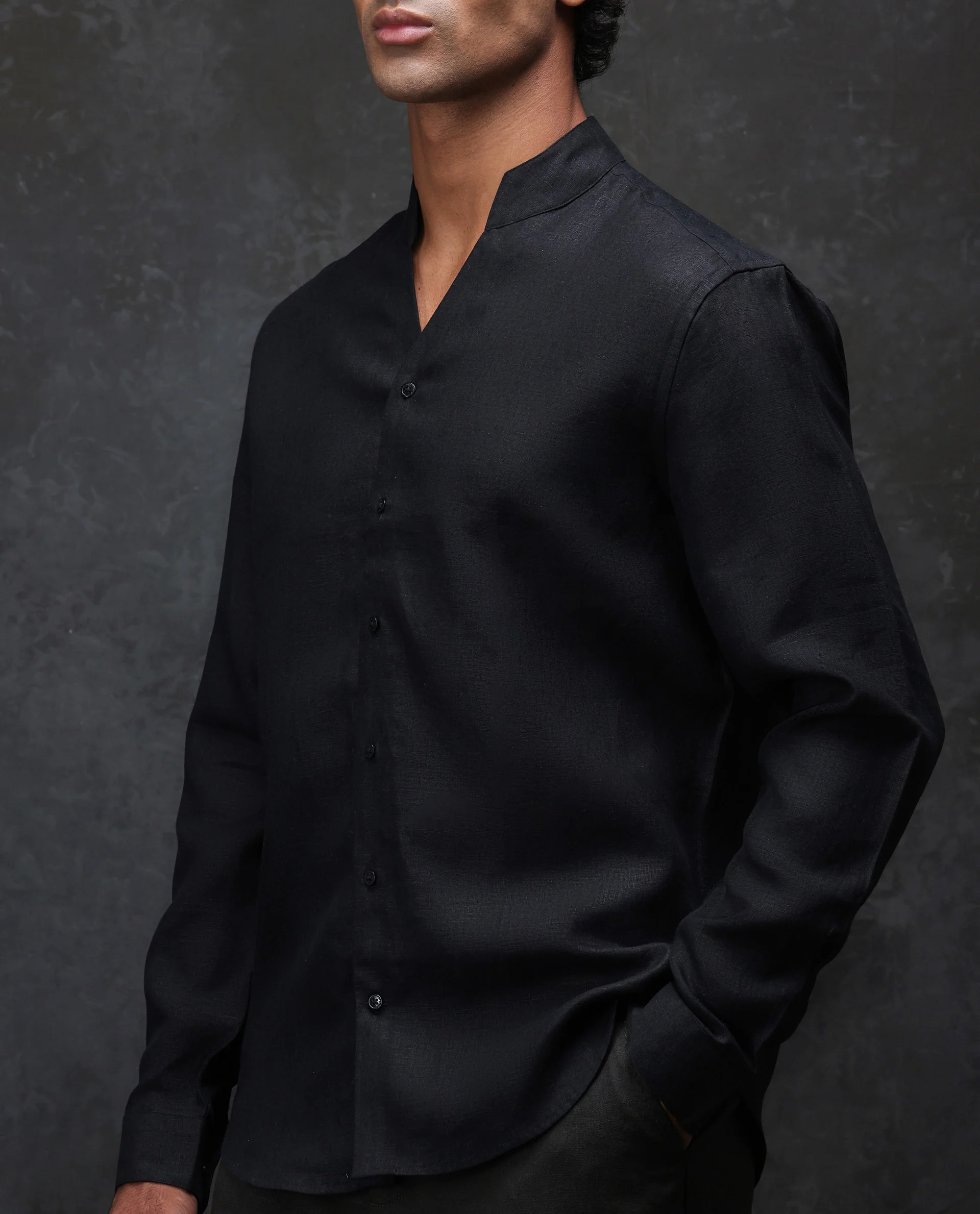 Rare Rabbit Men's Fig Black 100% Linen Plain Regular Fit Full Sleeve Mandarin Collar Shirt - Image 6