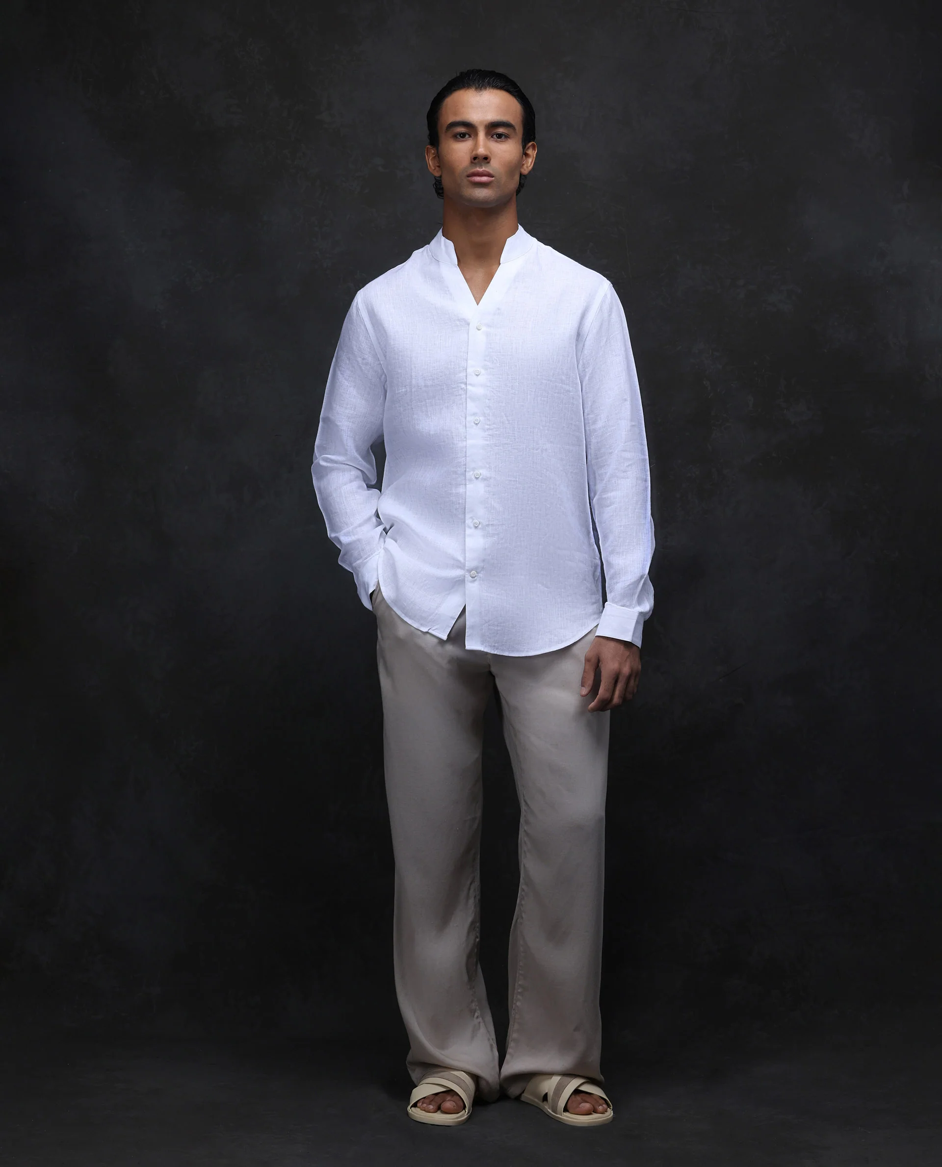Rare Rabbit Men's Fig White 100% Linen Plain Regular Fit Full Sleeve Collared Shirt - Image 3