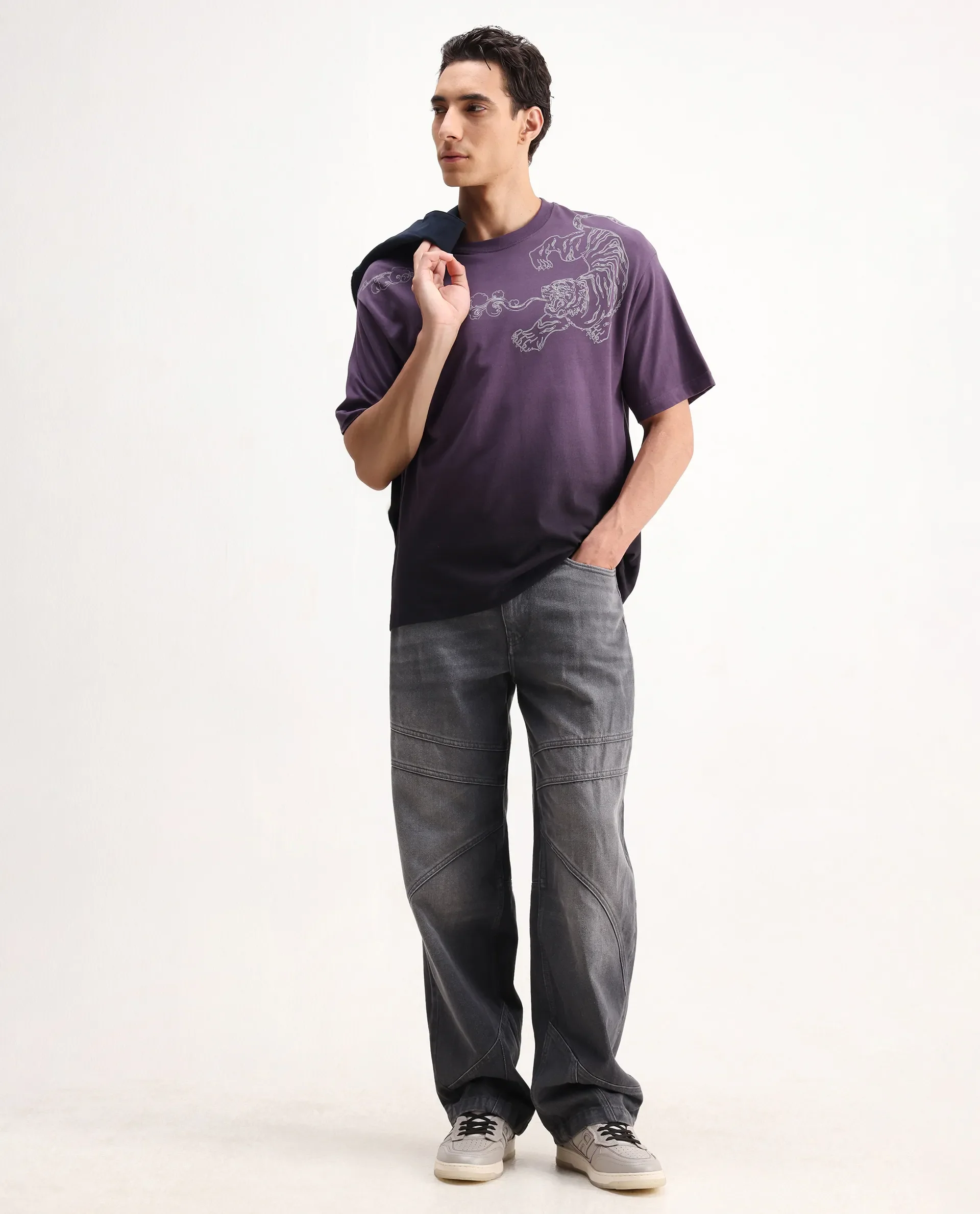 Rare Rabbit Men's Fig Dark Purple Cotton Blend Embroidered Oversized Fit Half Sleeve Crew Neck T-Shirt - Image 2
